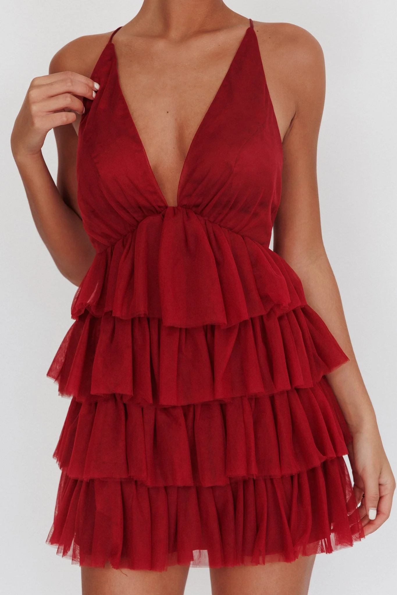 Auguste Tiered Frill Mini Dress Burgundy - luluinthesky