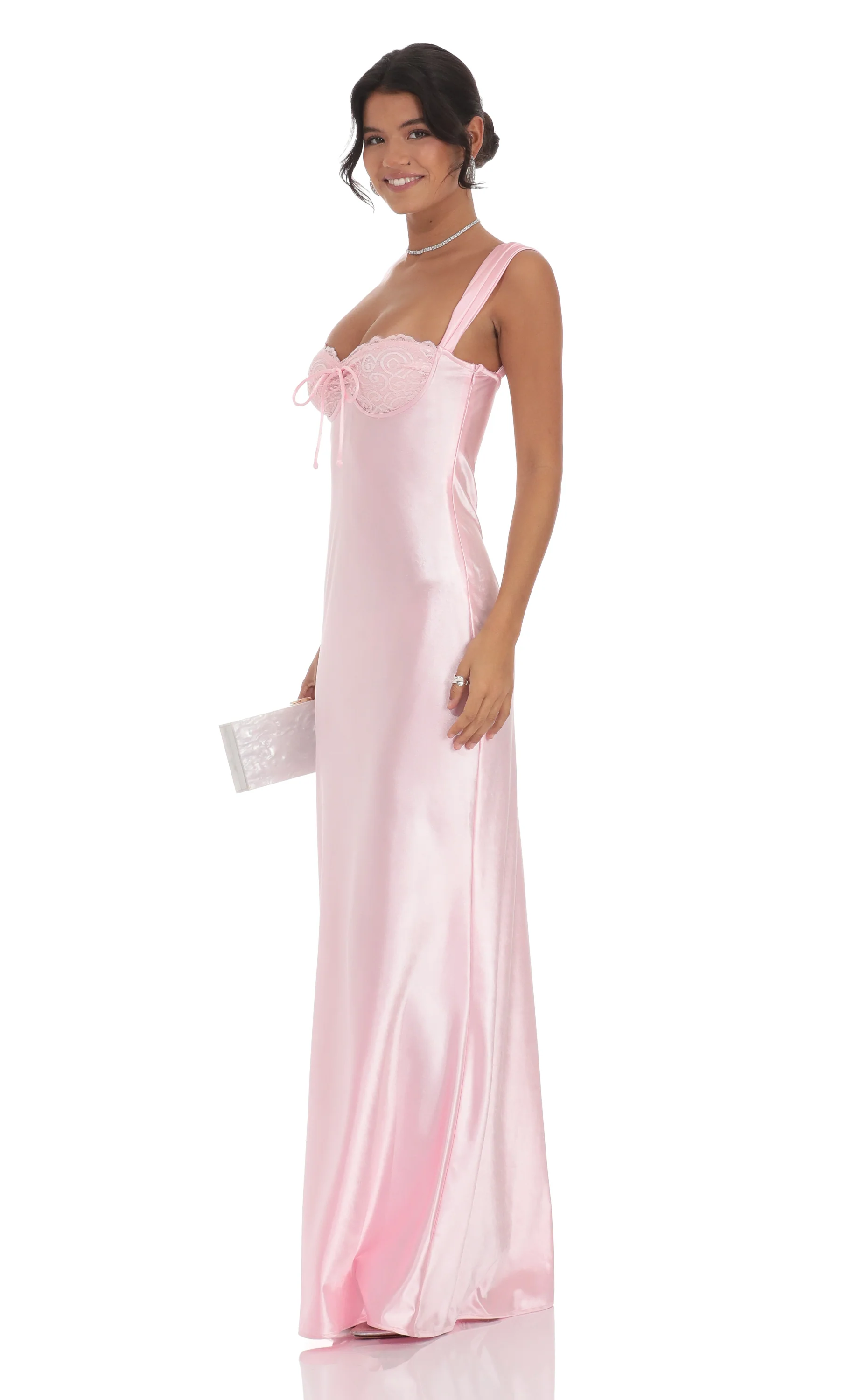 Satin Lace-Bust Dress in Pink