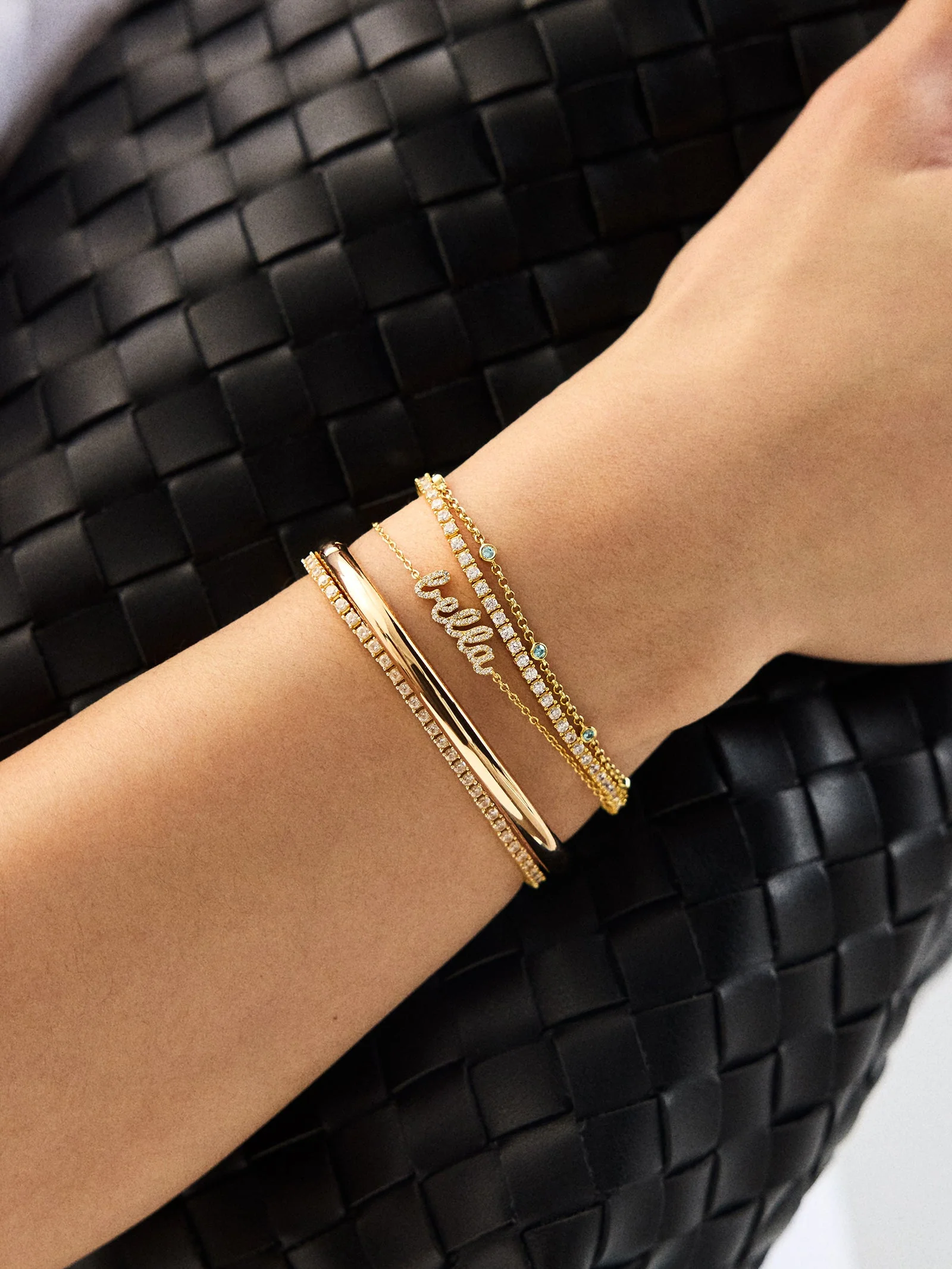 14K Gold Pavé Custom Nameplate Bracelet - 14K Gold. Pavé Cubic Zirconia Stones