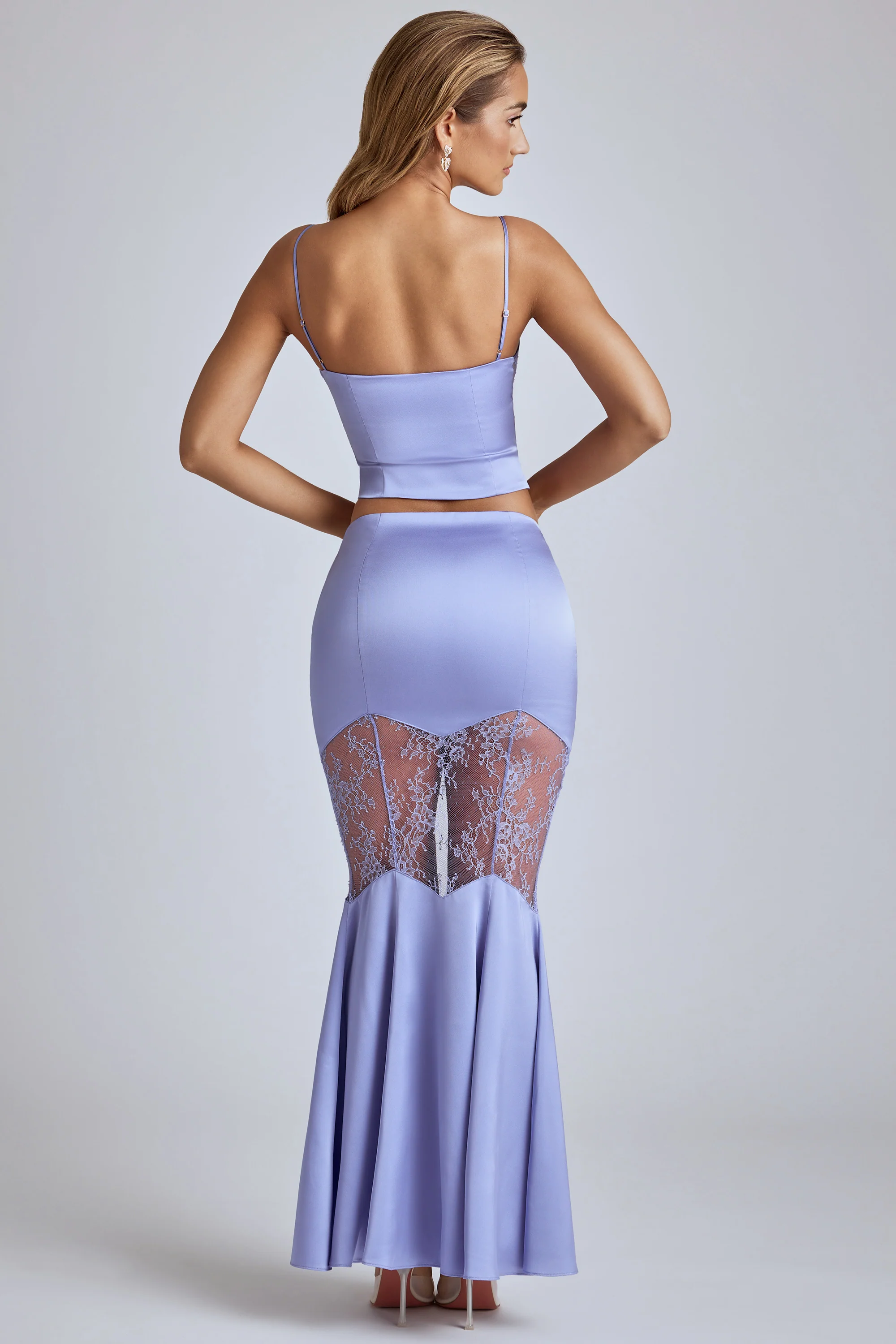 Lace Panel Fishtail Maxi Skirt in Blue Lavender