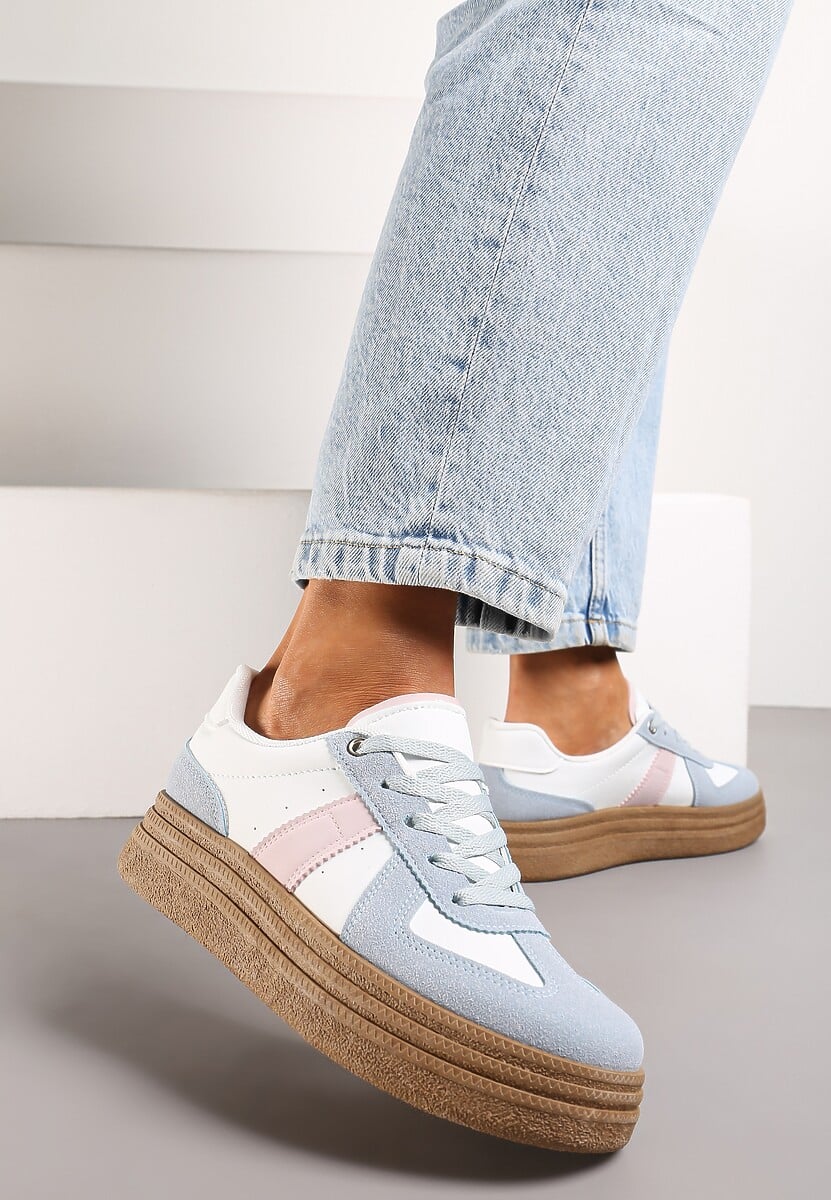 Niebiesko-Białe Sneakersy na Grubej Podeszwie z Ozdobnymi Przeszyciami Ysdole