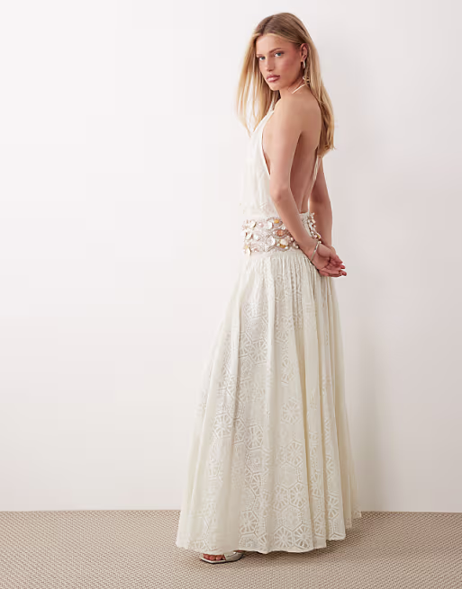 ASOS LUXE crochet maxi dress with embellished waist detail in white