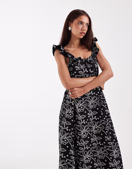 Vero Moda ruffle cami strap midi dress in black and white floral print