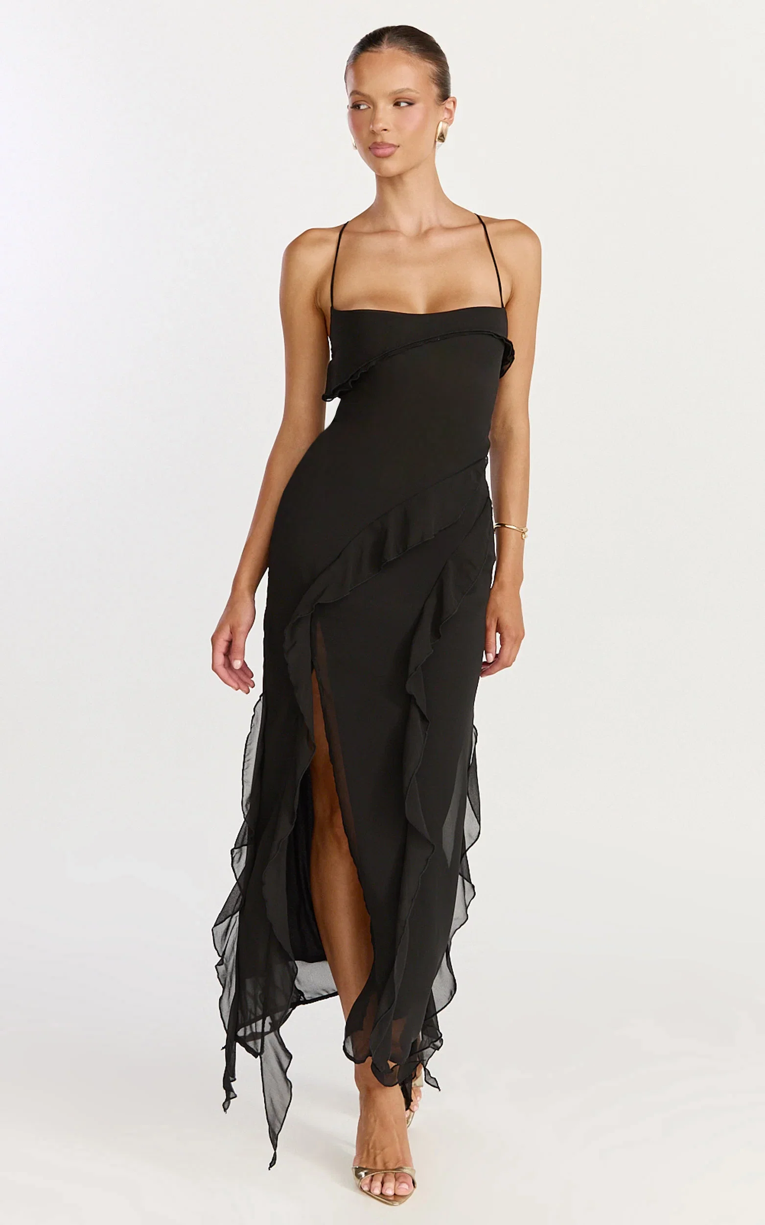 Connie Midi Dress - Ruffle Detail Dress in Black