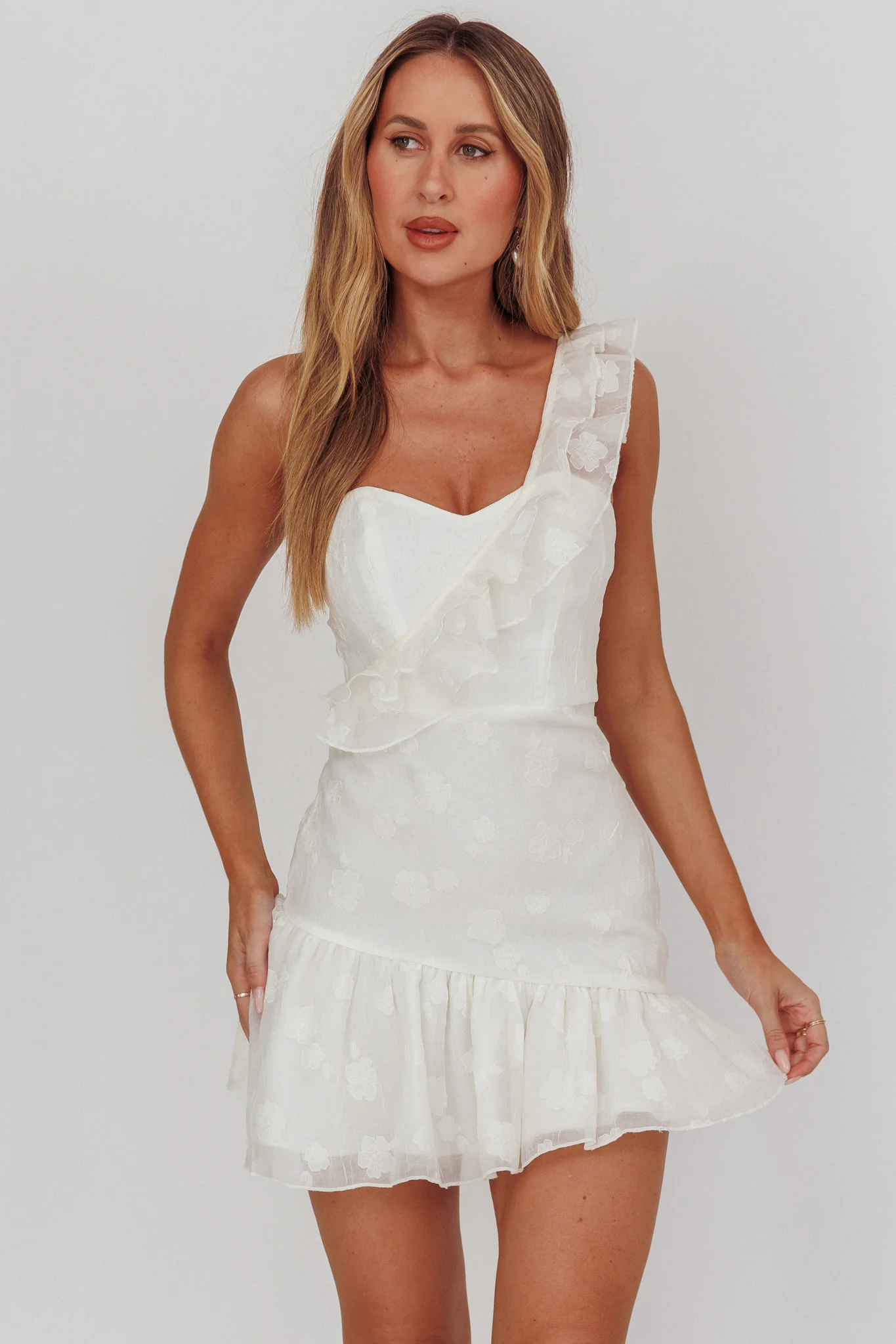 Minka One-Shoulder Ruffle Mini Dress Off White - luluinthesky
