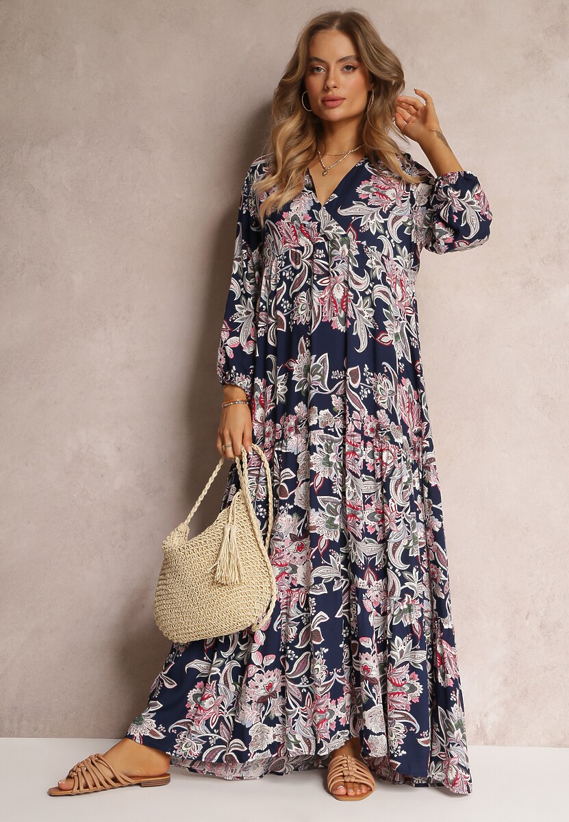 Granatowa Sukienka Oversize w Kwiaty Iophne