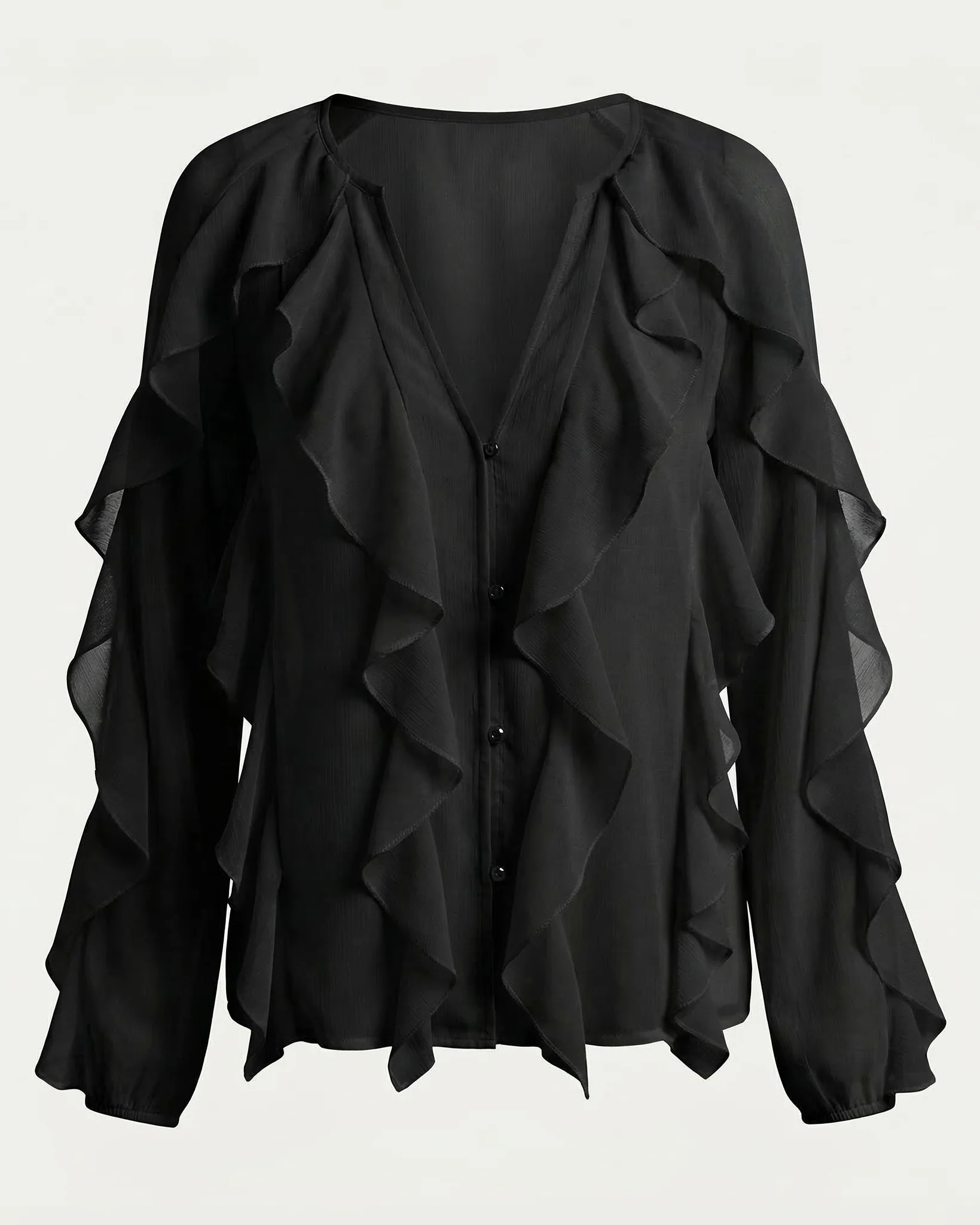 Chiffon Button Front Ruffle Detail Blouse