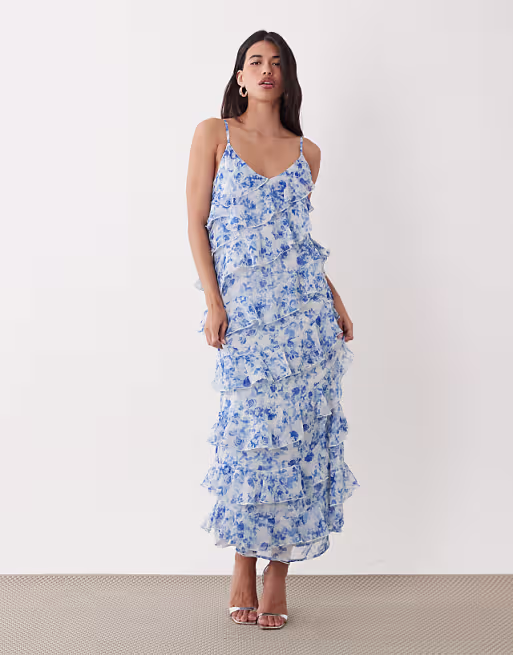 VILA asymmetric frill maxi dress with side split in blue floral print