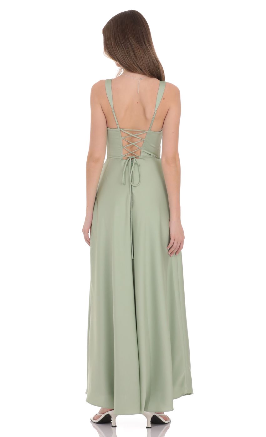 Satin Plunge Neck Corset Maxi Dress in Sage