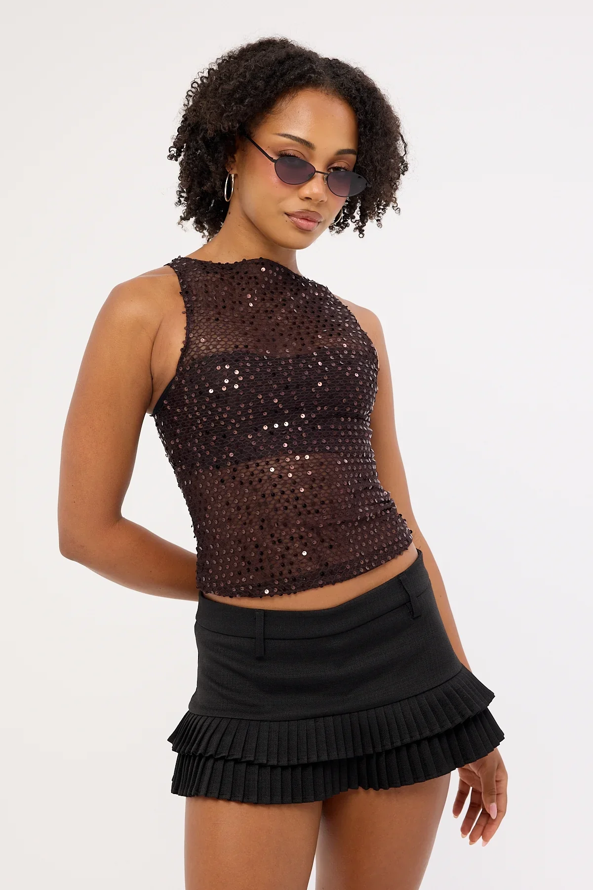 Motel Dudley Vest Top Sequin Knit Coffee