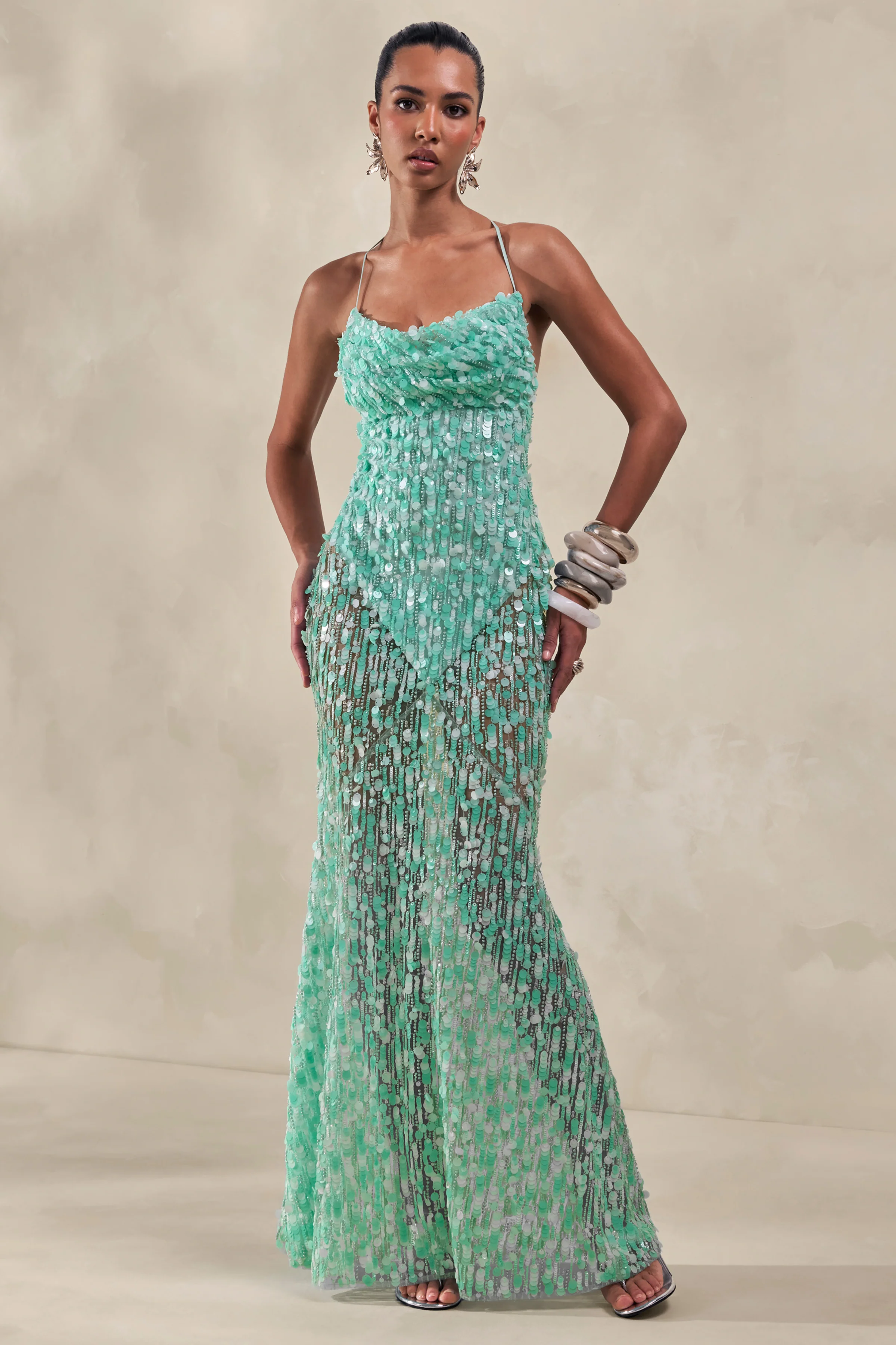 Taryn | Turquoise Sequin Cowl-Neck Maxi Dress With Sheer Skirt