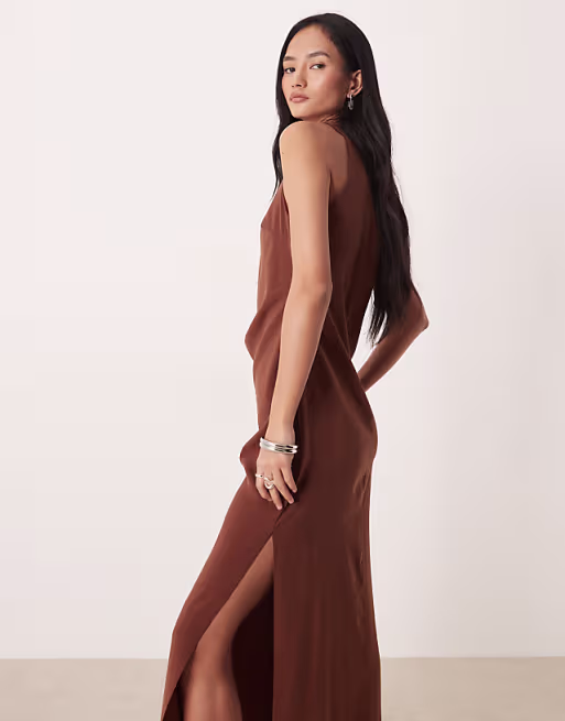 racer cupro tuck detail maxi dress in chocolate
