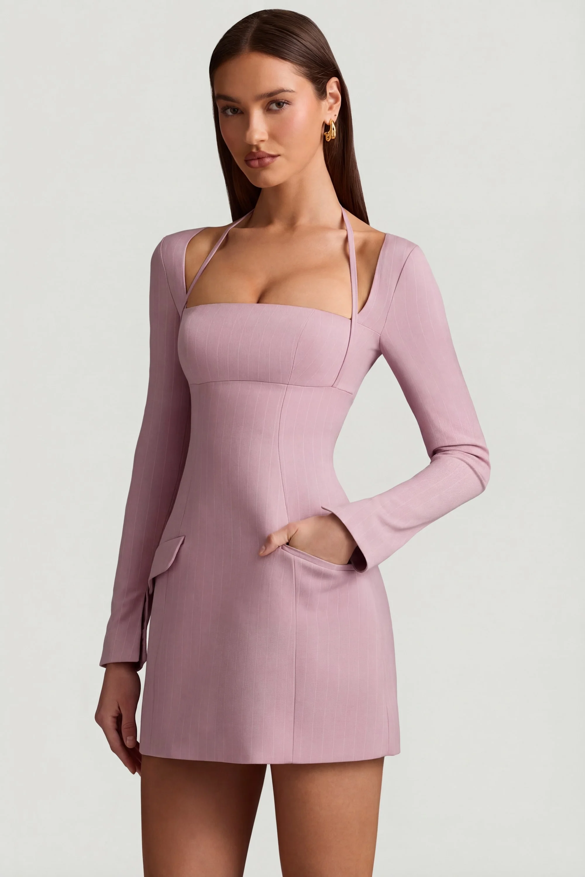Pinstripe Structured A-Line Mini Dress in Mauve