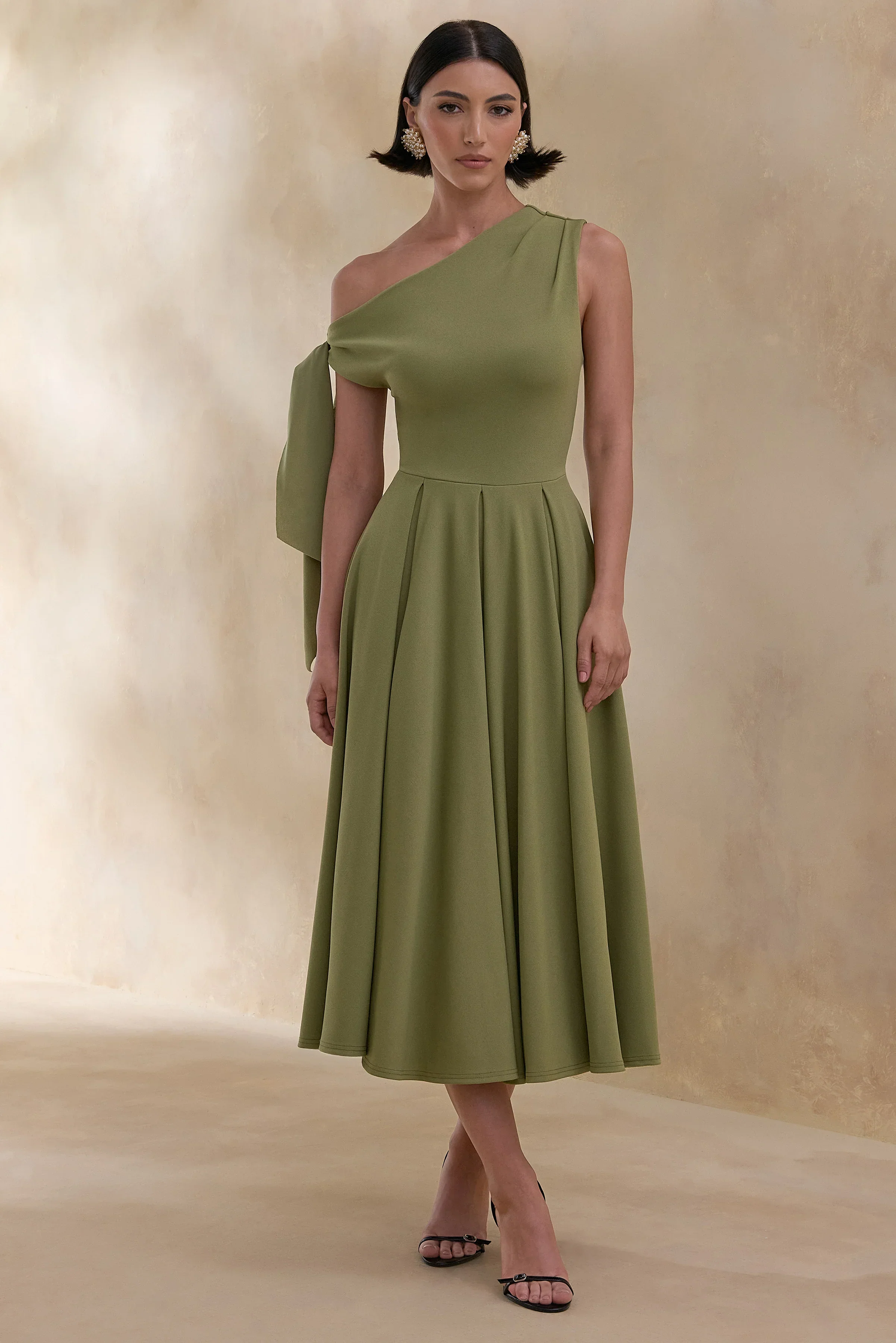 Daring | Olive Asymmetric-Neck Midi Dress With Knot-Detail