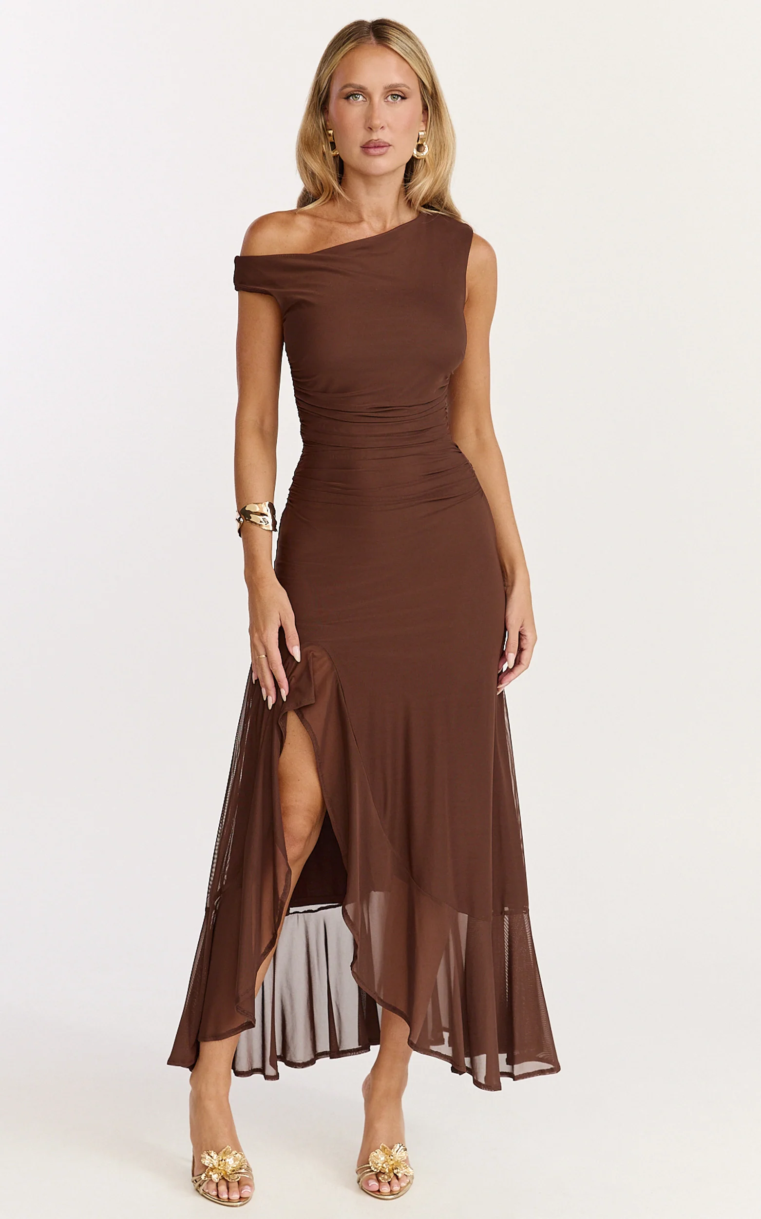 Judee Midi Dress - One Shoulder High Side Split Dress in Chocolate