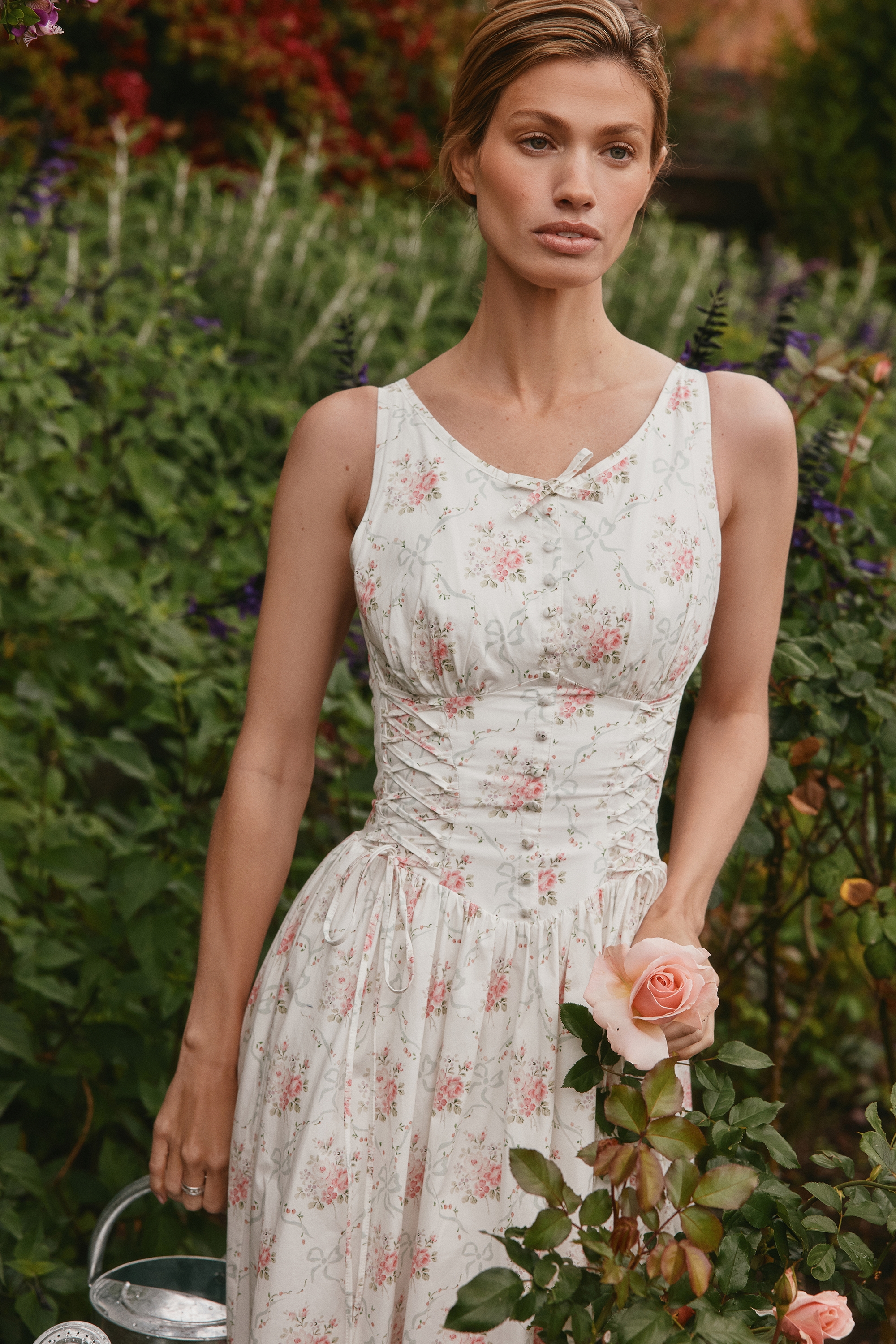 rose print stretch cotton lace up midi dress