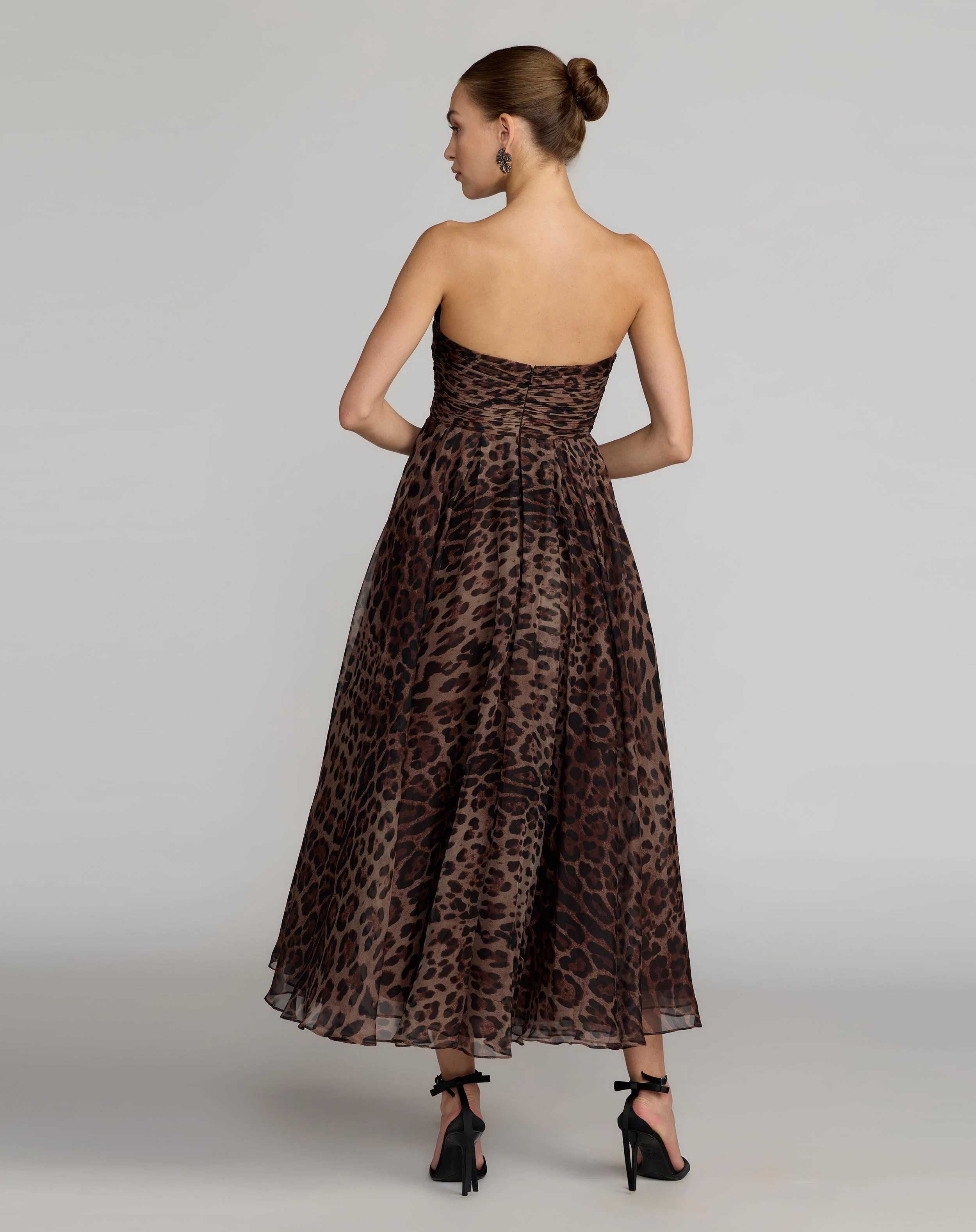 Leopard Strapless A-Line Chiffon Midi Dress - FASHION NOB