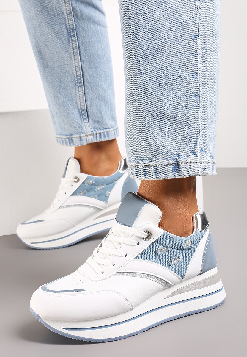 Biało-Beżowe Sznurowane Sneakersy z Ekoskóry z Błyszczącymi Wstawkami Fiviara