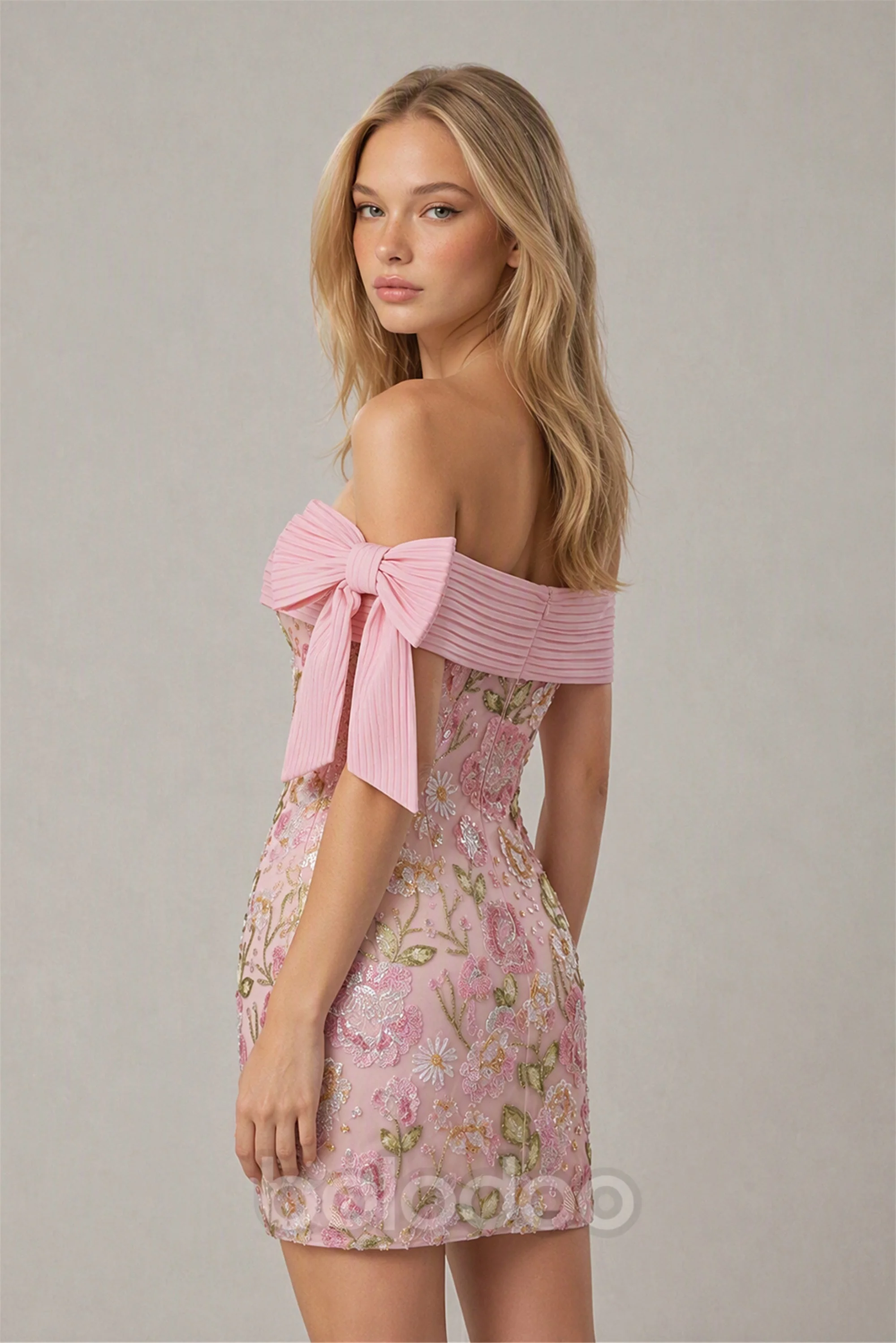 BOLODOO Pink Floral Embroidered Sequin Off-Shoulder Bodycon Mini Dress with Bow Detail