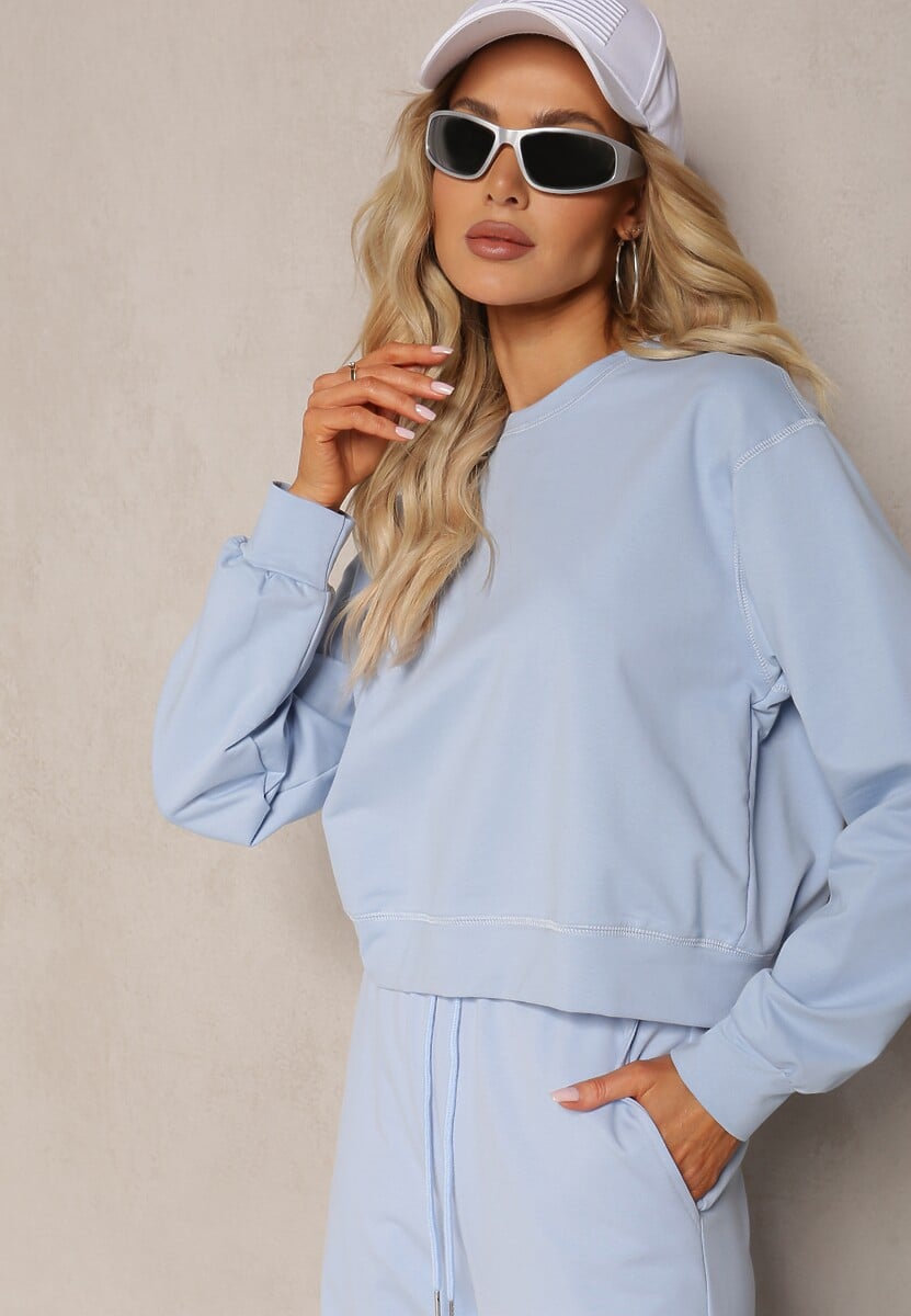 Jasnoniebieska Oversize Bluza z Bawełny o Krótkim Fasonie Sibolla