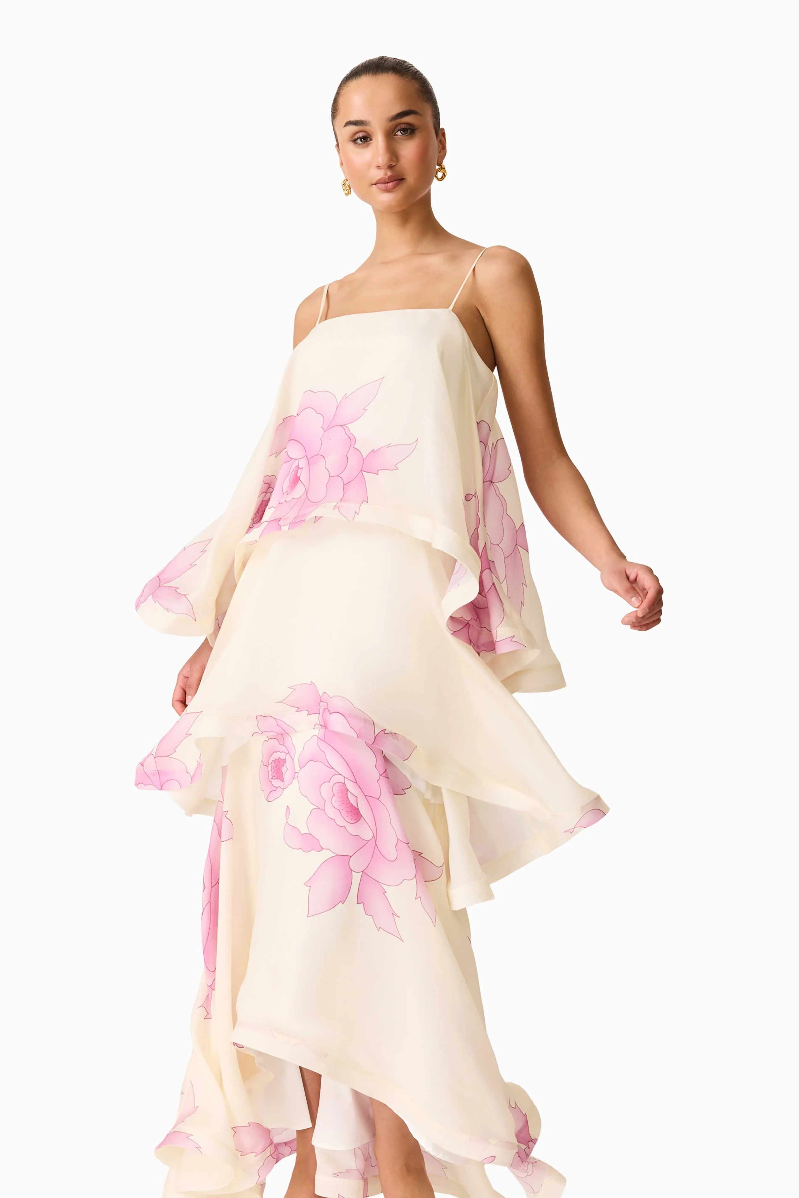 Rova Tiered Gown in Cream & Pink Floral