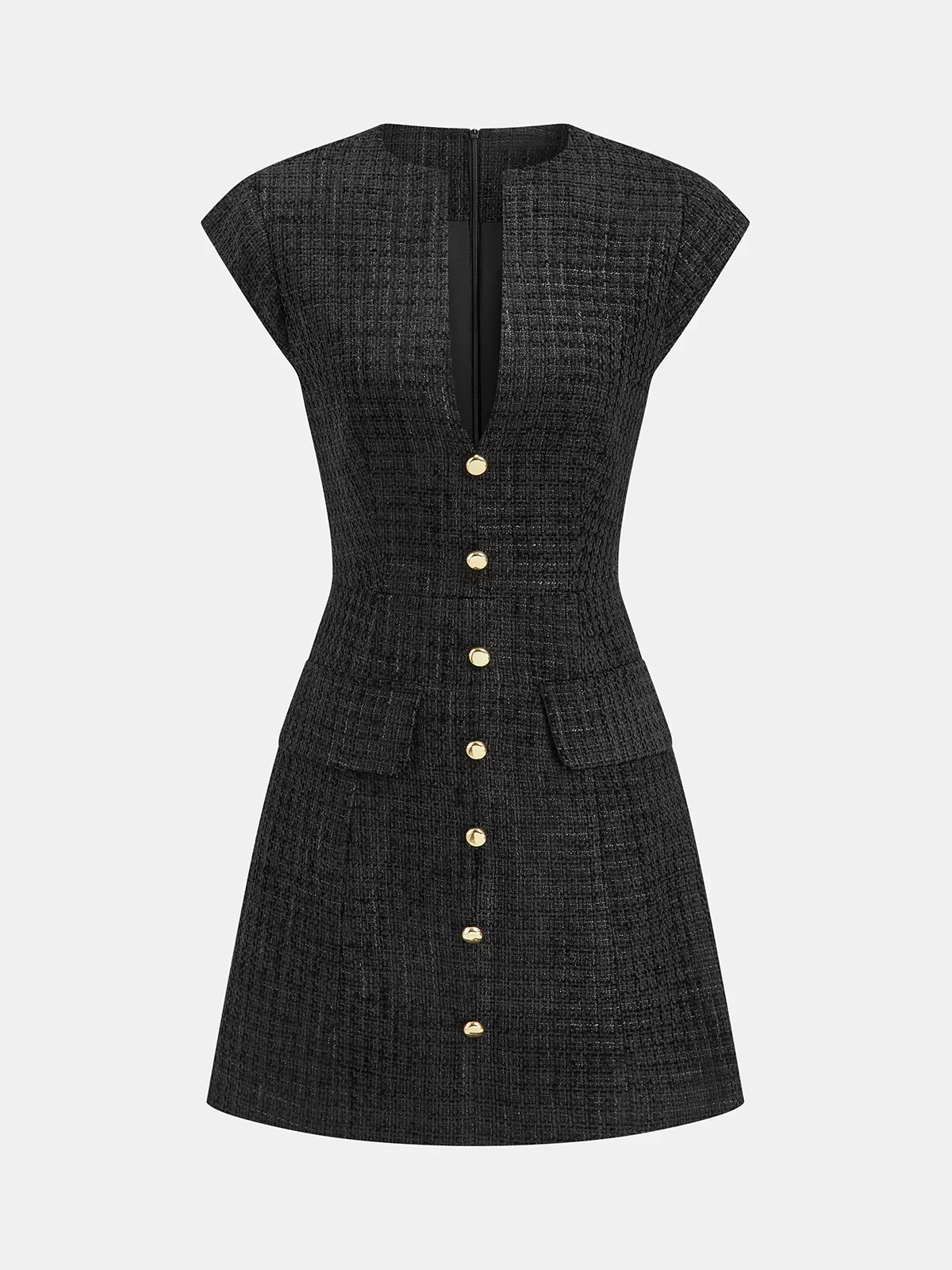 Metal Button Tweed Sleeveless Mini Dress