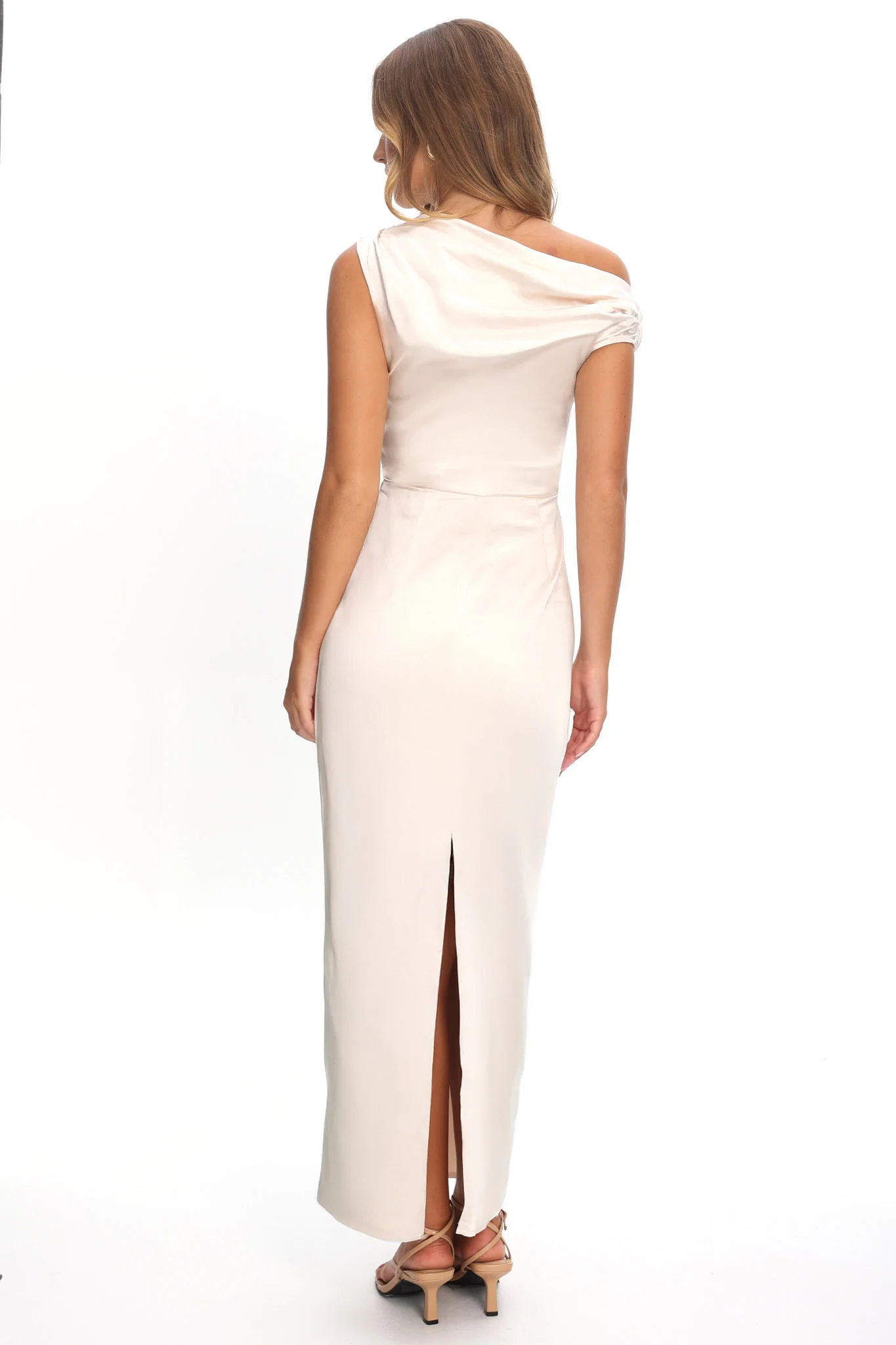 Tova Draped One-Shoulder Maxi Dress Champagne - luluinthesky