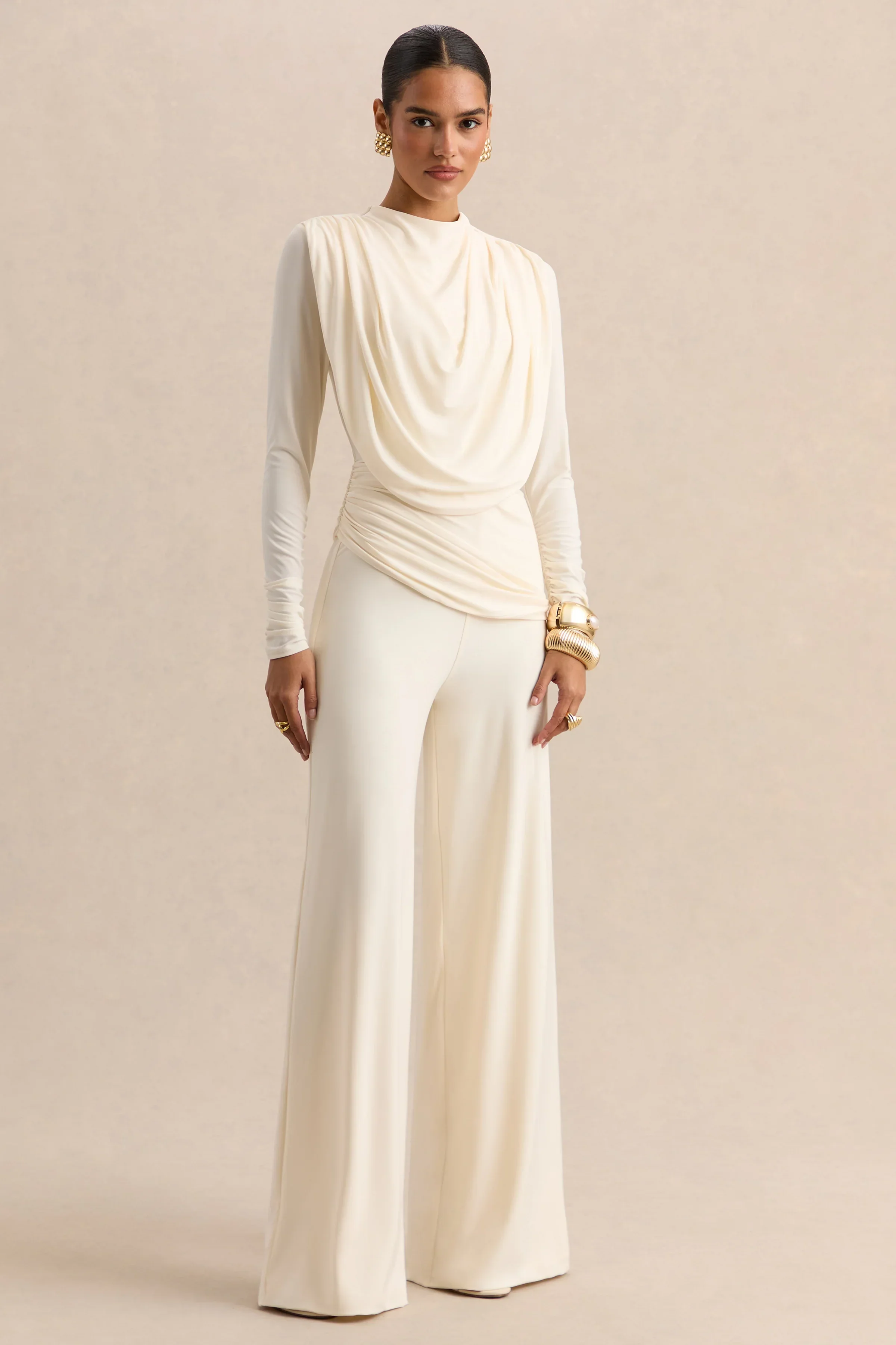 Raniella | White High-Neck Top With Gathered And Draped-Detailing