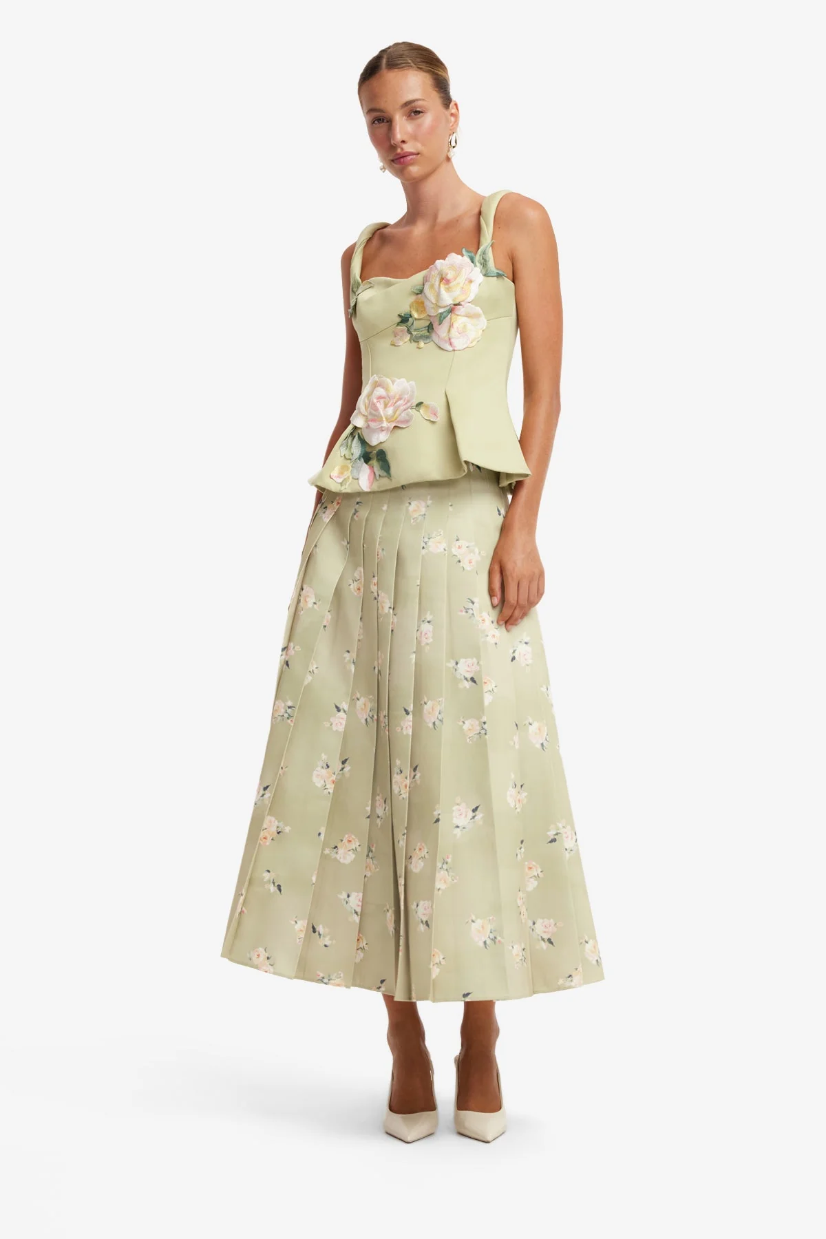 June Pleated Maxi Skirt - Pistachio Rose Print