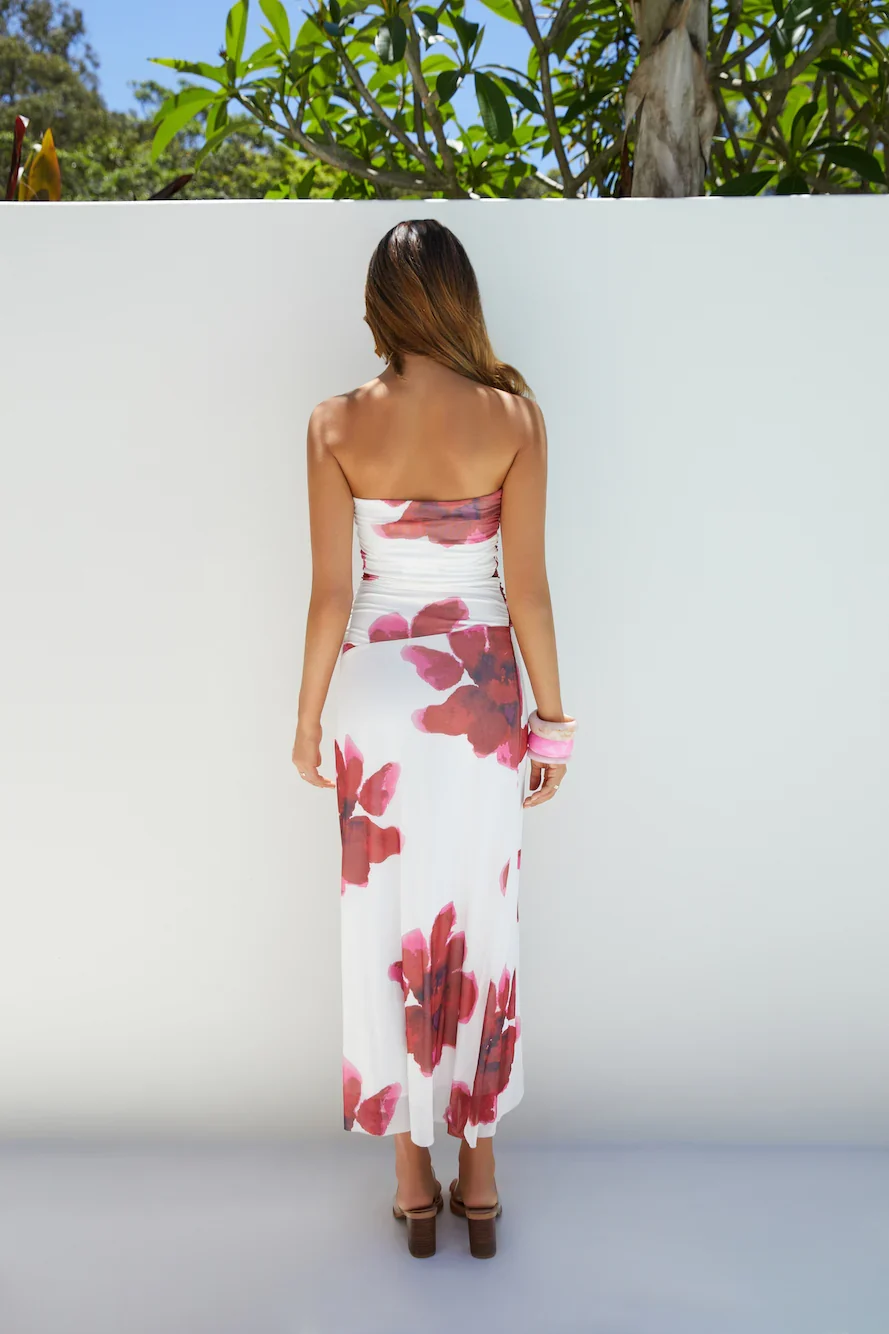Amara Bloom Strapless Midi Dress Red
