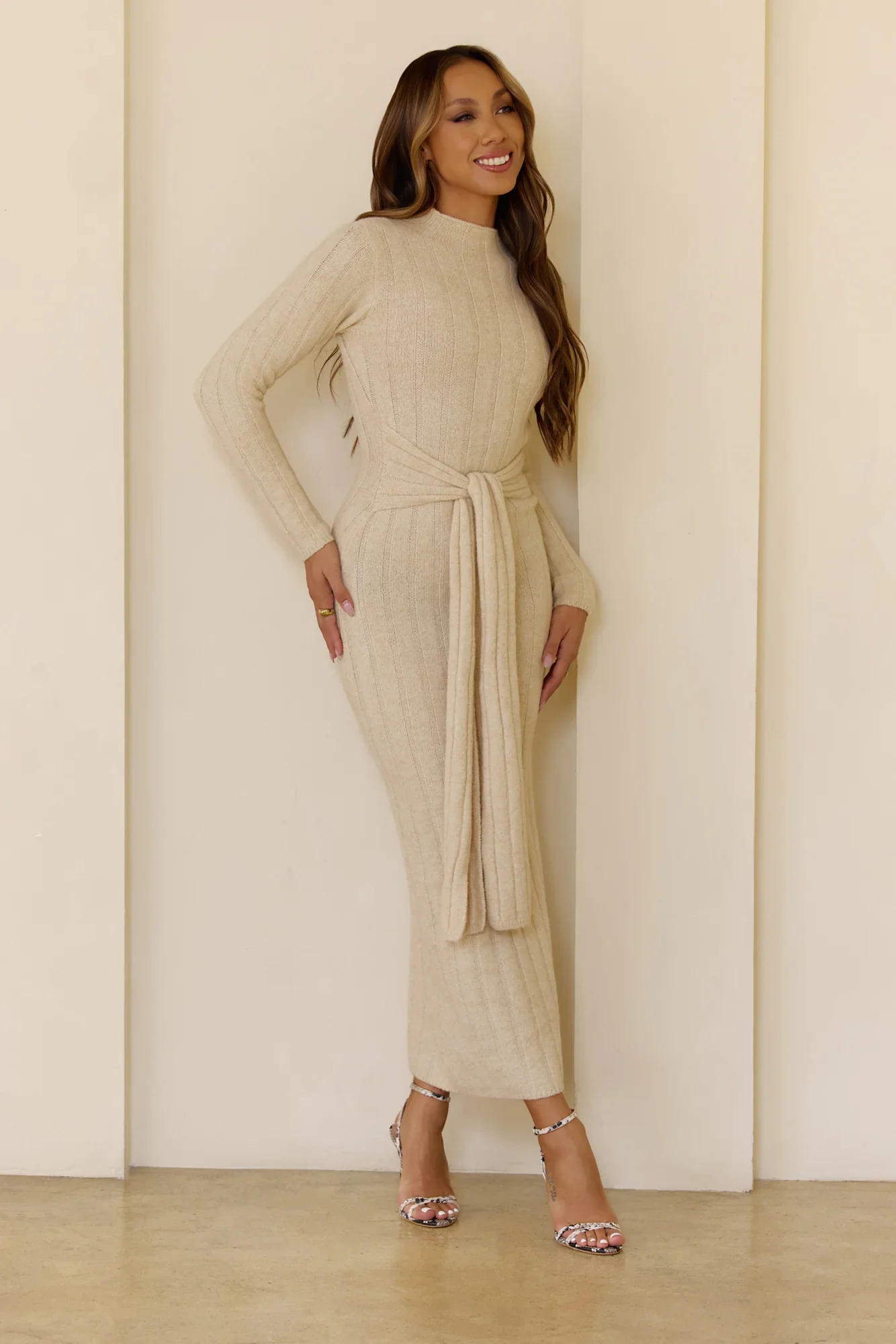 Chilly Nights Knit Long Sleeve Maxi Dress Cream