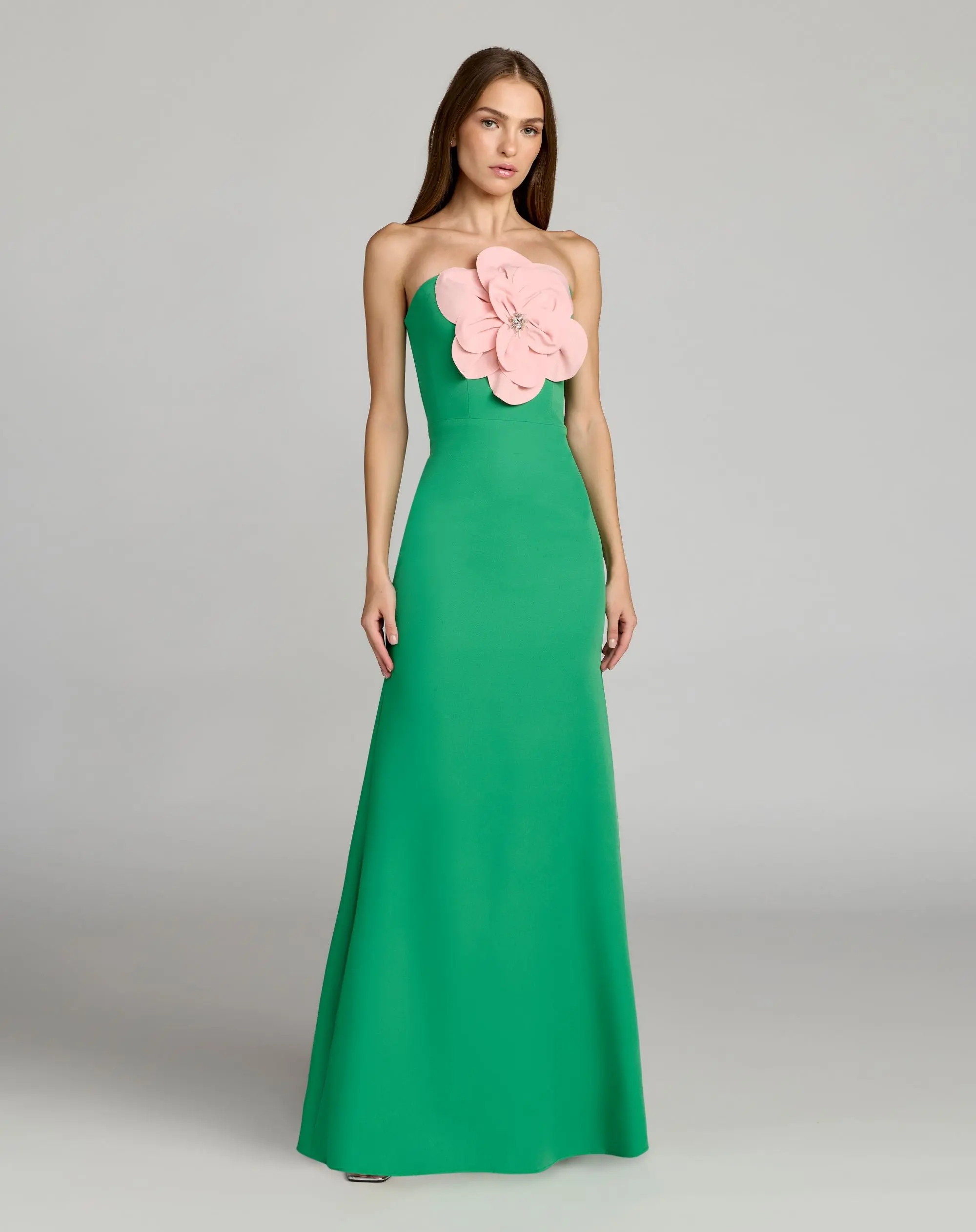 Green Strapless Crepe Gown With 3D Flower