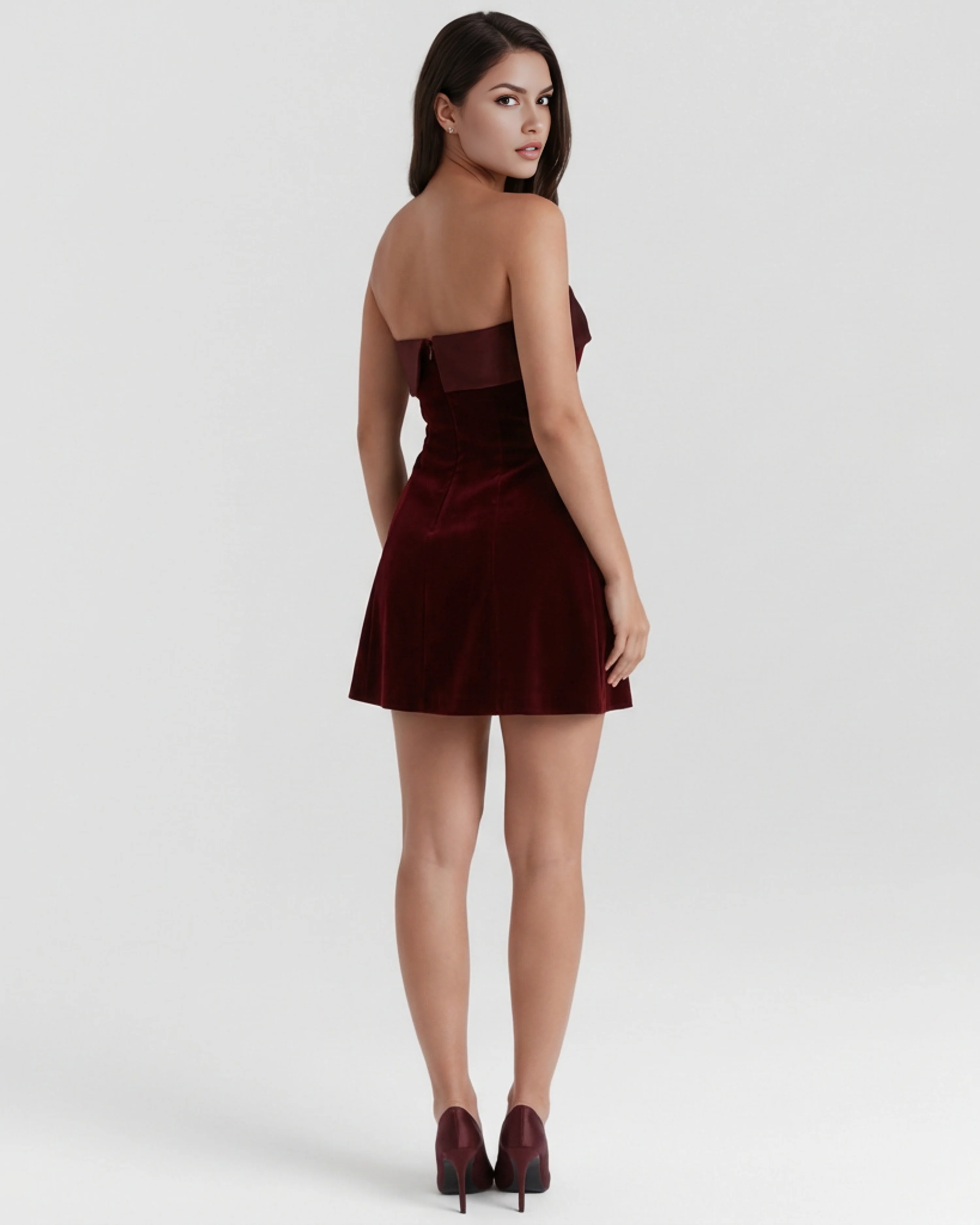Bandeau Mini Dress with Fold Detail in Deep Burgundy