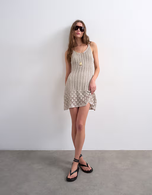Topshop knit metallic crochet mini dress in gold
