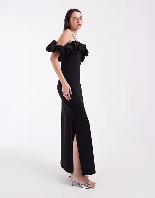 Object extreme off the shoulder satin ruffle trim maxi dress in soft black