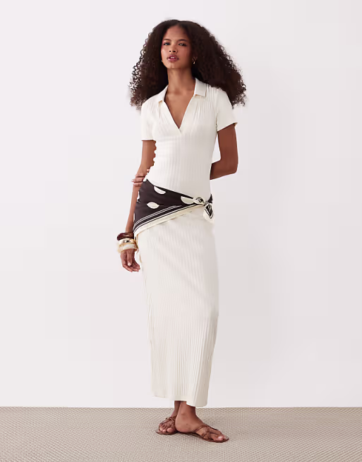 ribbed short sleeve polo midi dress in beige