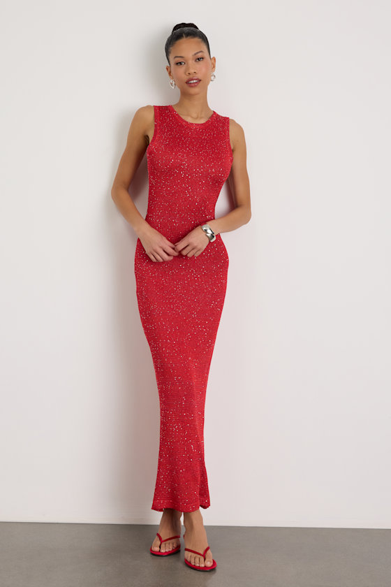 Jordi Red Sequin Crochet Knit Maxi Dress