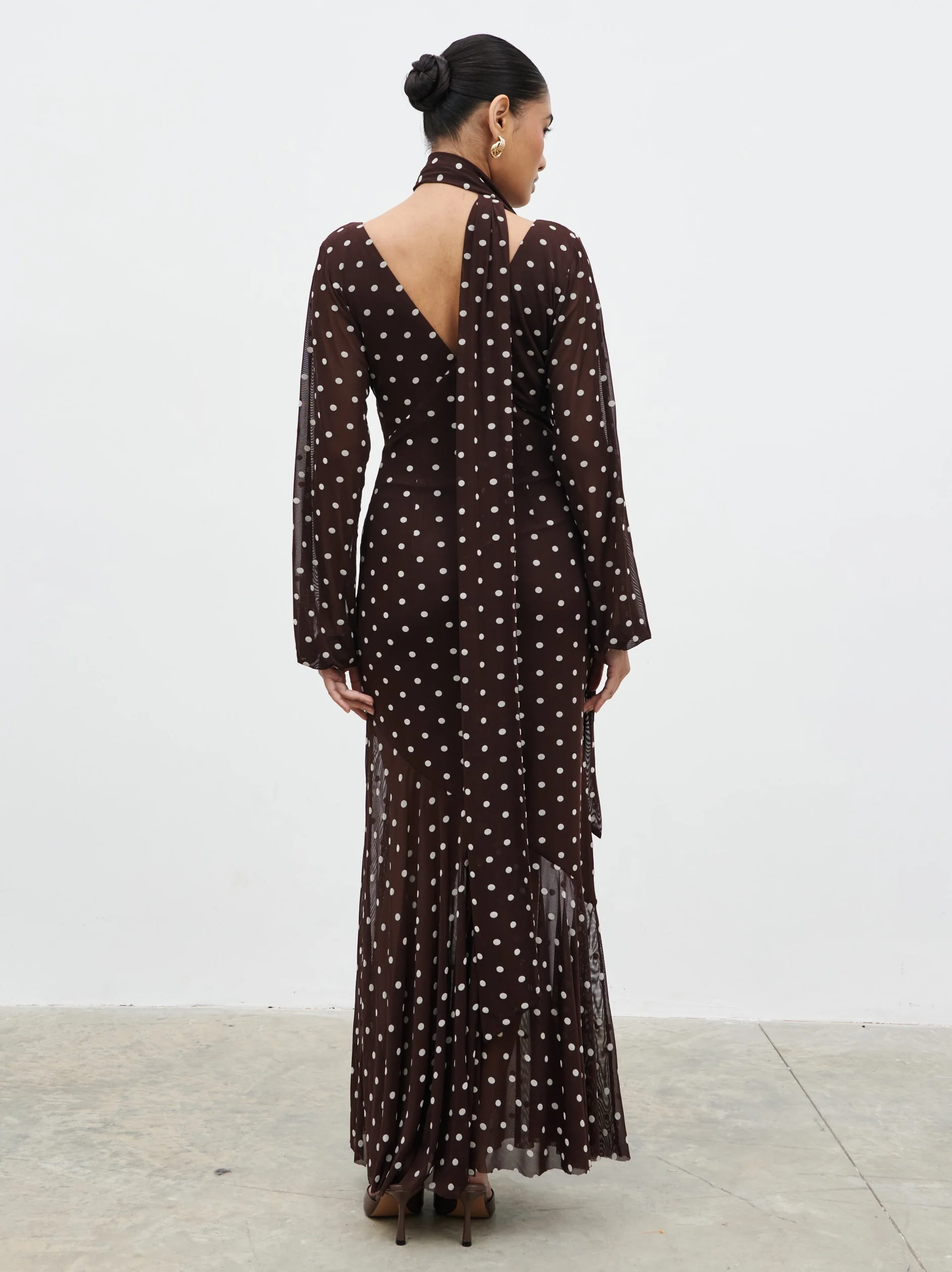 Petula Scarf Mesh Maxi Dress - Brown and Cream Polkadot