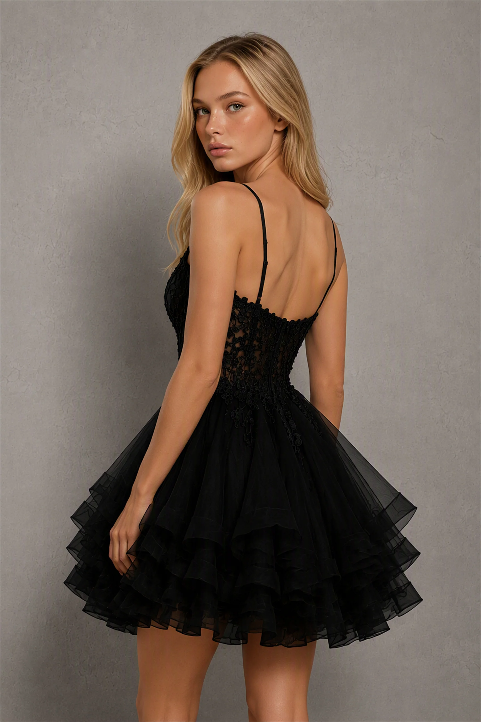 BOLODOO Black 3D Floral Lace Corset Deep V Spaghetti Strap Tiered Tulle Mini Dress