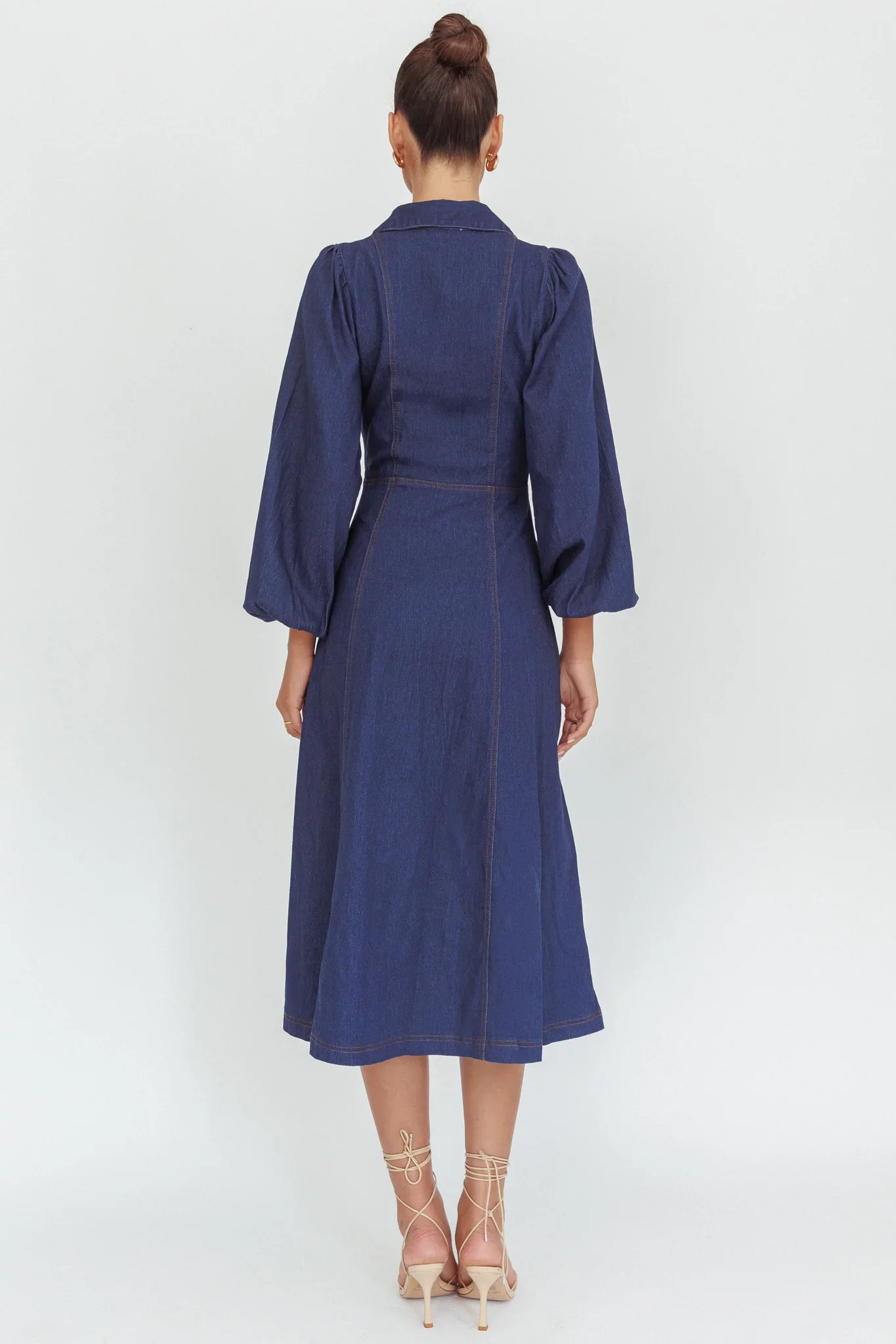 Ania Long Balloon Style Midi Dress Dark Denim