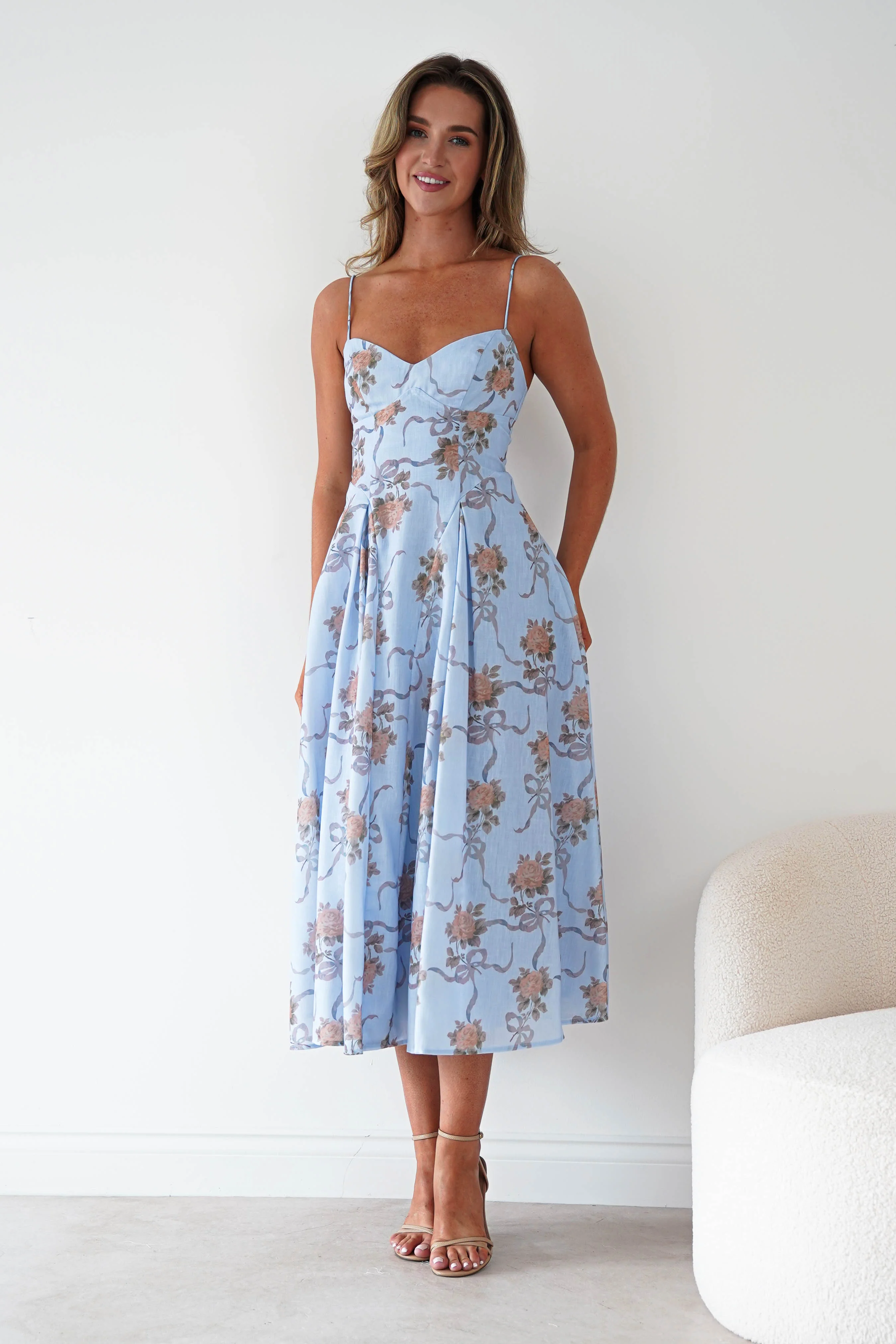 Tess Floral Print Skater Midaxi Dress | Blue