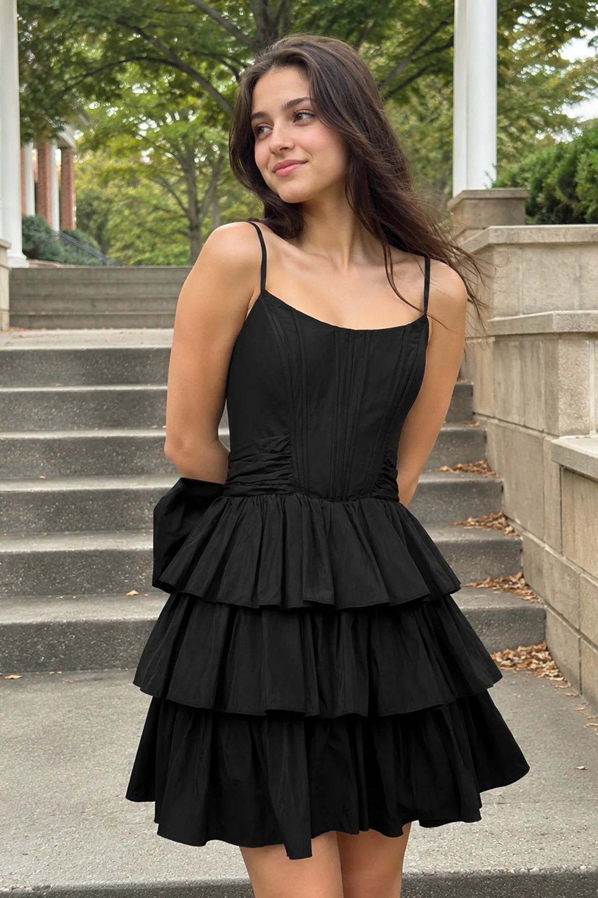 Black Spaghetti Straps Satin A-Line Ruffled Short Corset Homecoming Dress with Bow