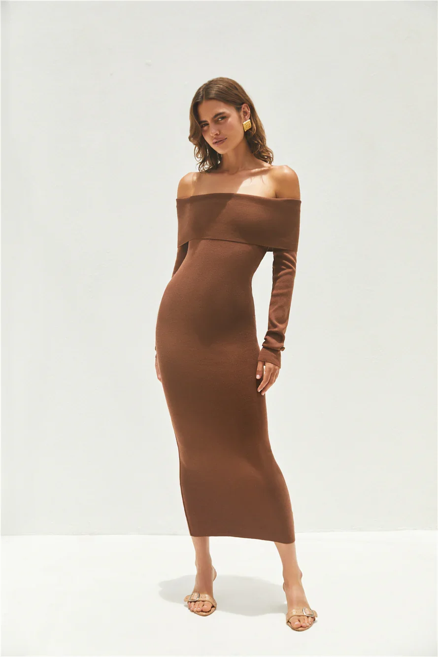 Angels Sing Off Shoulder Knit Maxi Dress Chocolate