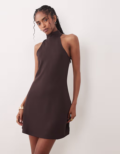 River Island halterneck neoprene mini dress in dark brown