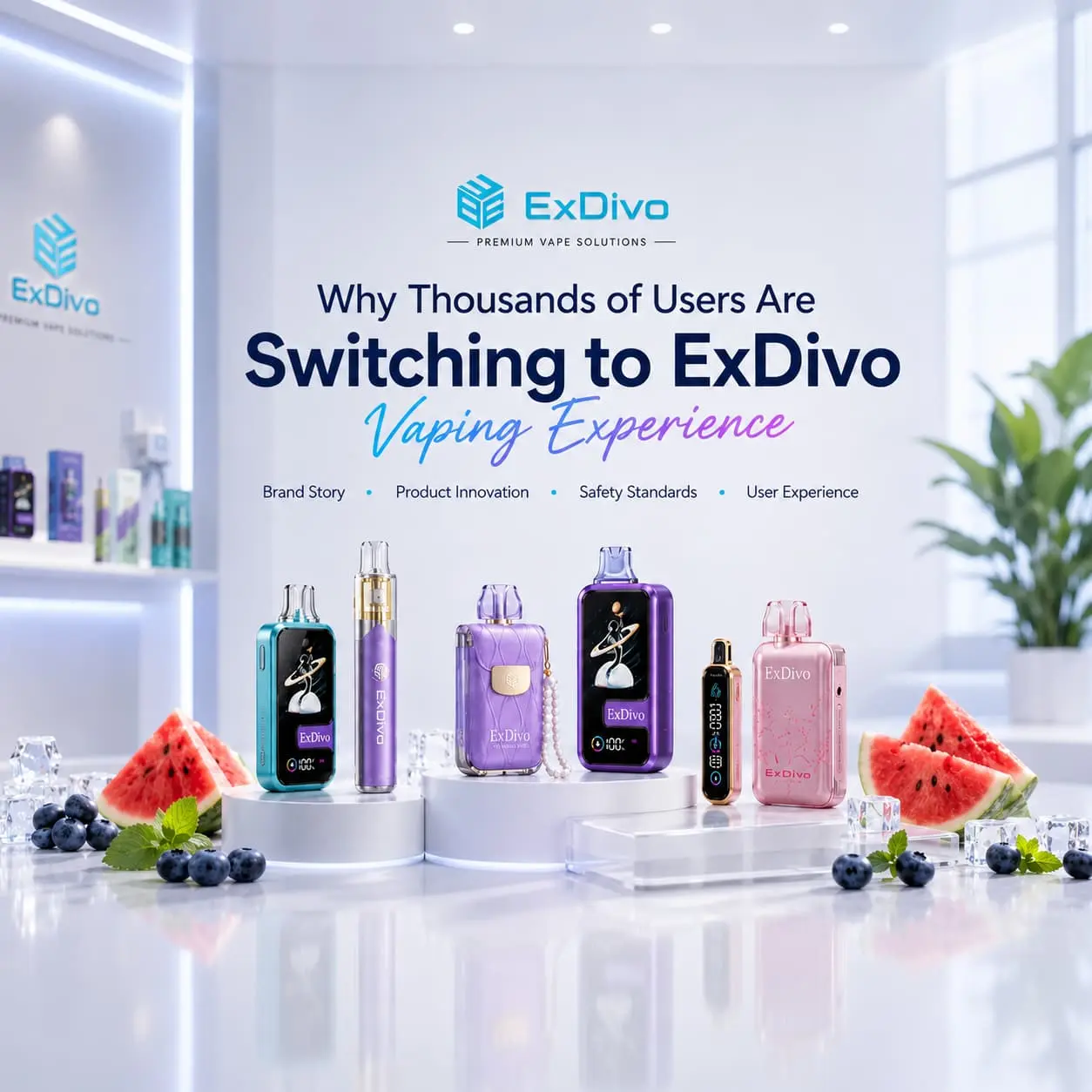 ExDivo vaping experience blog cover with vape products, brand story, safety standards and user experience highlights