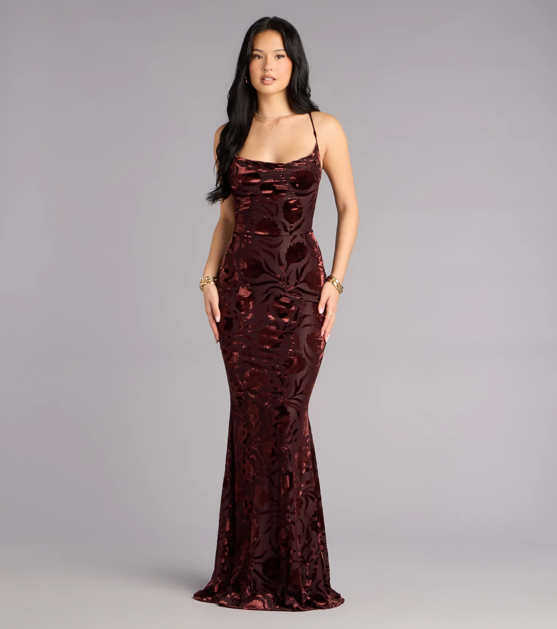 Primrose Velvet Pattern Lace-Up Formal Dress