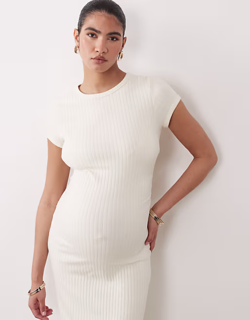 Maternity ribbed cap sleeve ruched midi dress in cream