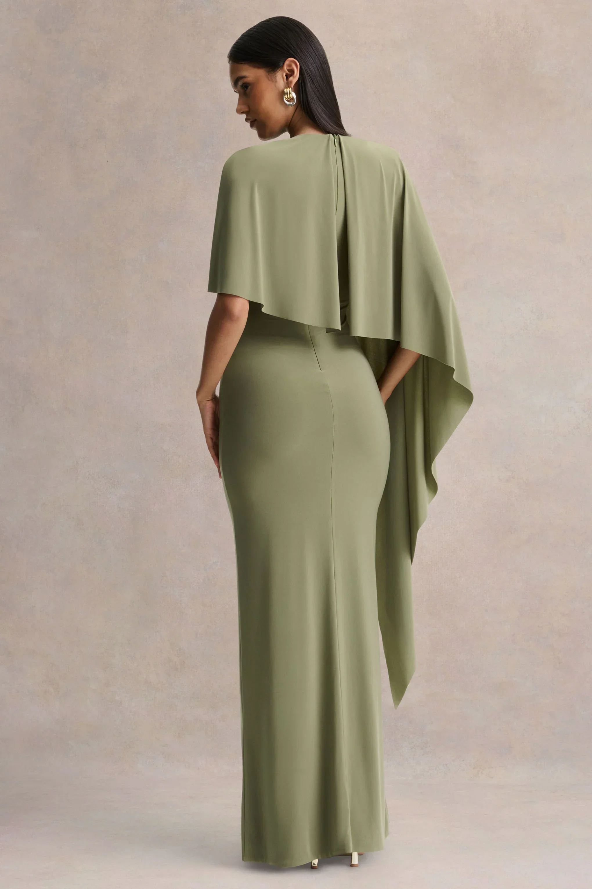 Ravena | Olive Crew-Neck Maxi Dress With Asymmetric-Cape Sleeve