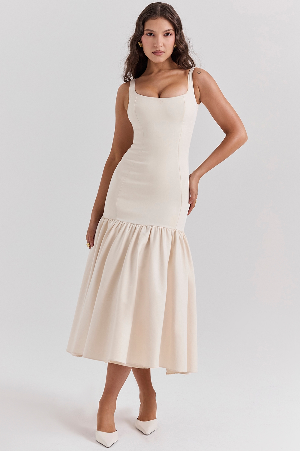 vintage cream dropped waist midi dress
