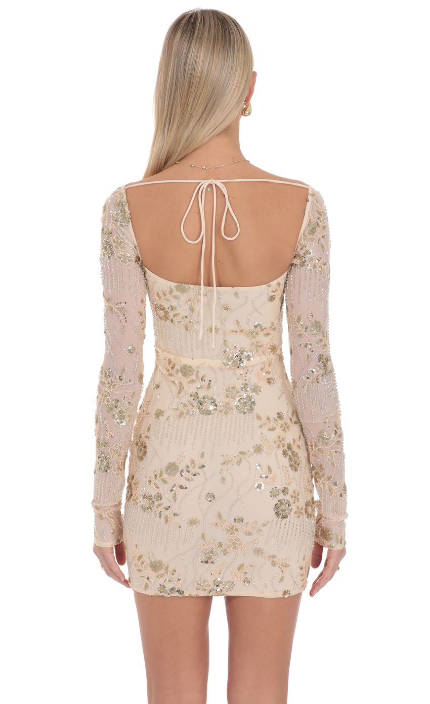 Beaded Long Sleeve Mini Dress in Champagne